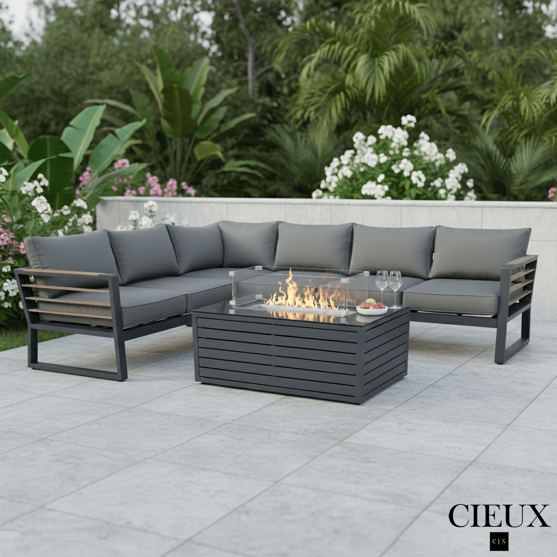 CIEUX Avignon 2 Piece Outdoor Patio Aluminum Metal L Shaped Sectional Sofa with Adjustable Seats Set and Annency Fire Pit Coffee Table in Midnight Grey with Sunbrella Cushions in Canvas Charcoal, image 1