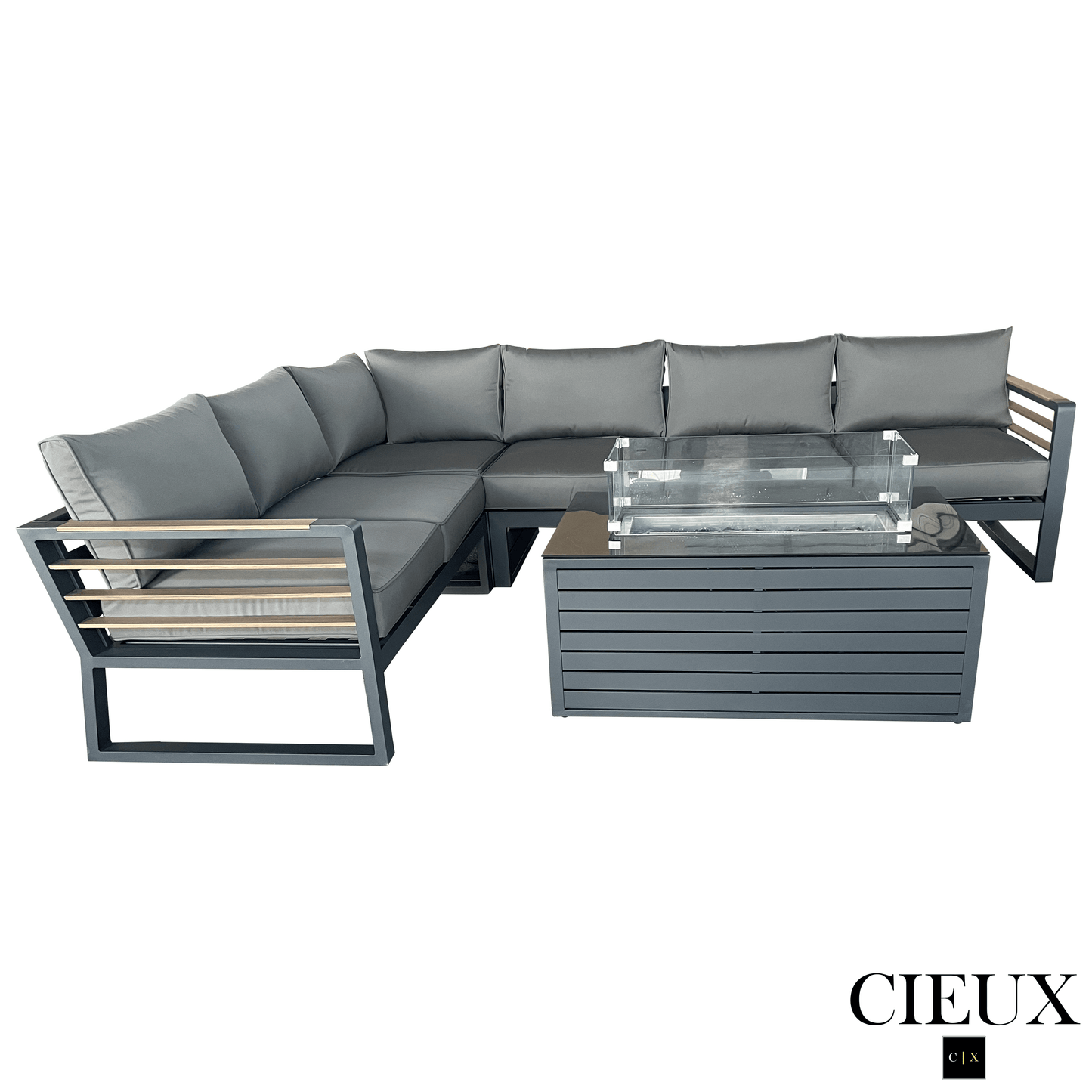 CIEUX Sectional Avignon 2 Piece Outdoor Patio Aluminum Metal L-Shaped Sectional Sofa with Adjustable Seats Set and Annency Fire Pit Coffee Table in Midnight Grey with Sunbrella Cushions in Canvas Charcoal