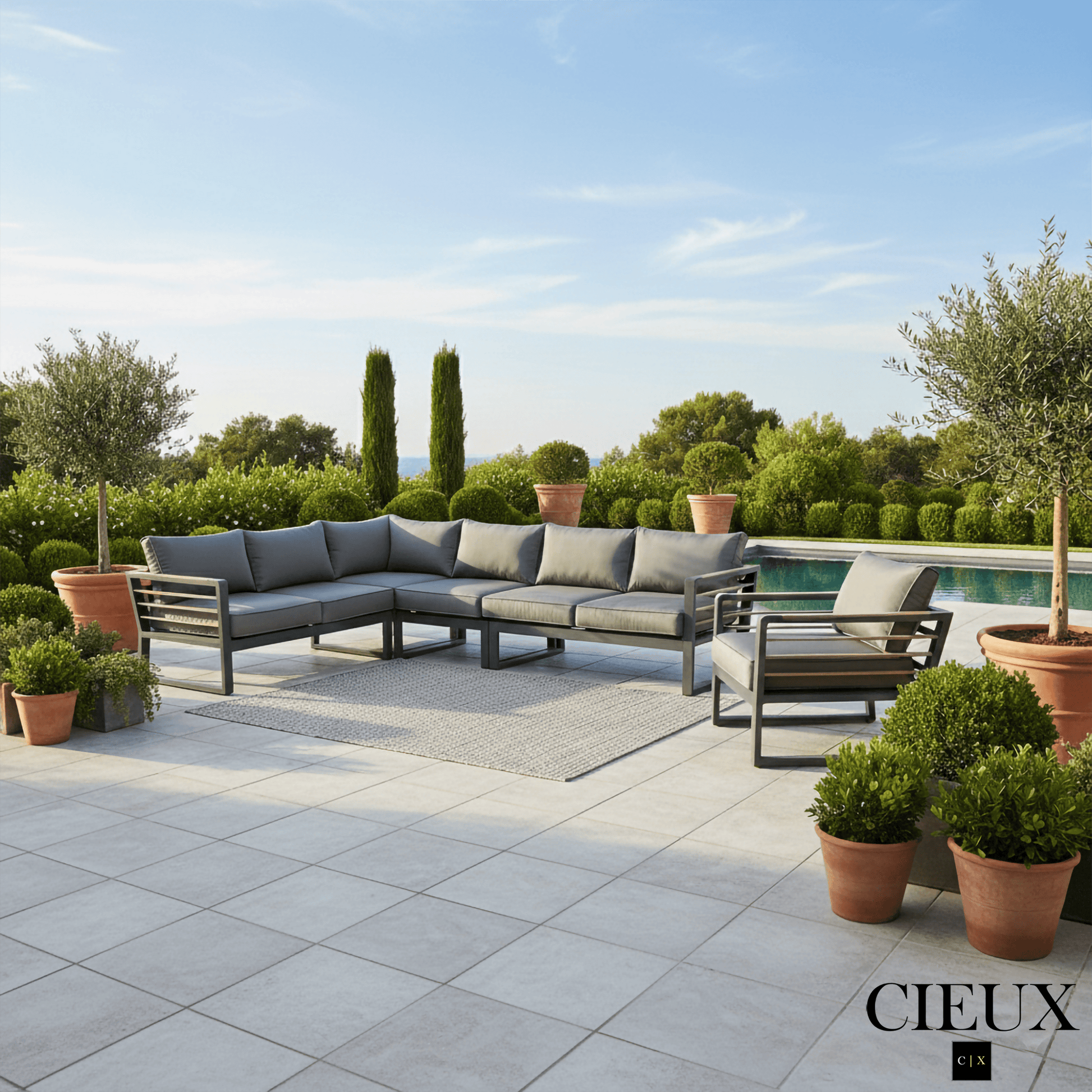 CIEUX Sectional Avignon 2 Piece Outdoor Patio Aluminum Metal L-Shaped Sectional Sofa with Adjustable Seats Set and Club Chair in Midnight Grey with Sunbrella Cushions in Canvas Charcoal