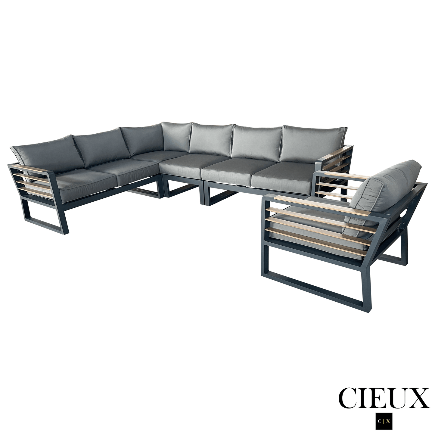 CIEUX Sectional Avignon 2 Piece Outdoor Patio Aluminum Metal L-Shaped Sectional Sofa with Adjustable Seats Set and Club Chair in Midnight Grey with Sunbrella Cushions in Canvas Charcoal