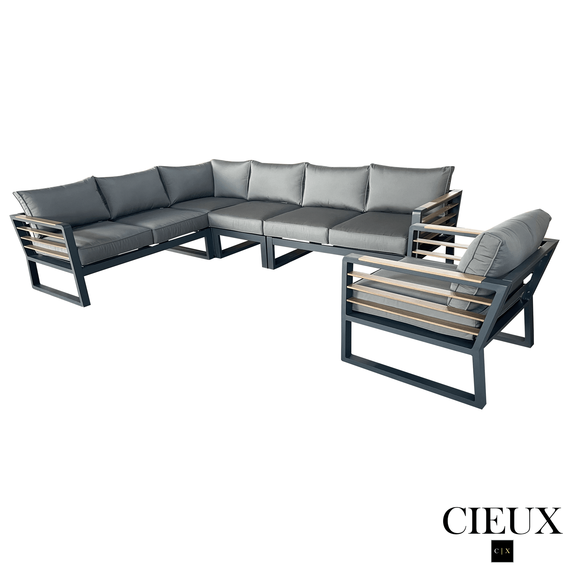 CIEUX Sectional Avignon 2 Piece Outdoor Patio Aluminum Metal L-Shaped Sectional Sofa with Adjustable Seats Set and Club Chair in Midnight Grey with Sunbrella Cushions in Canvas Charcoal