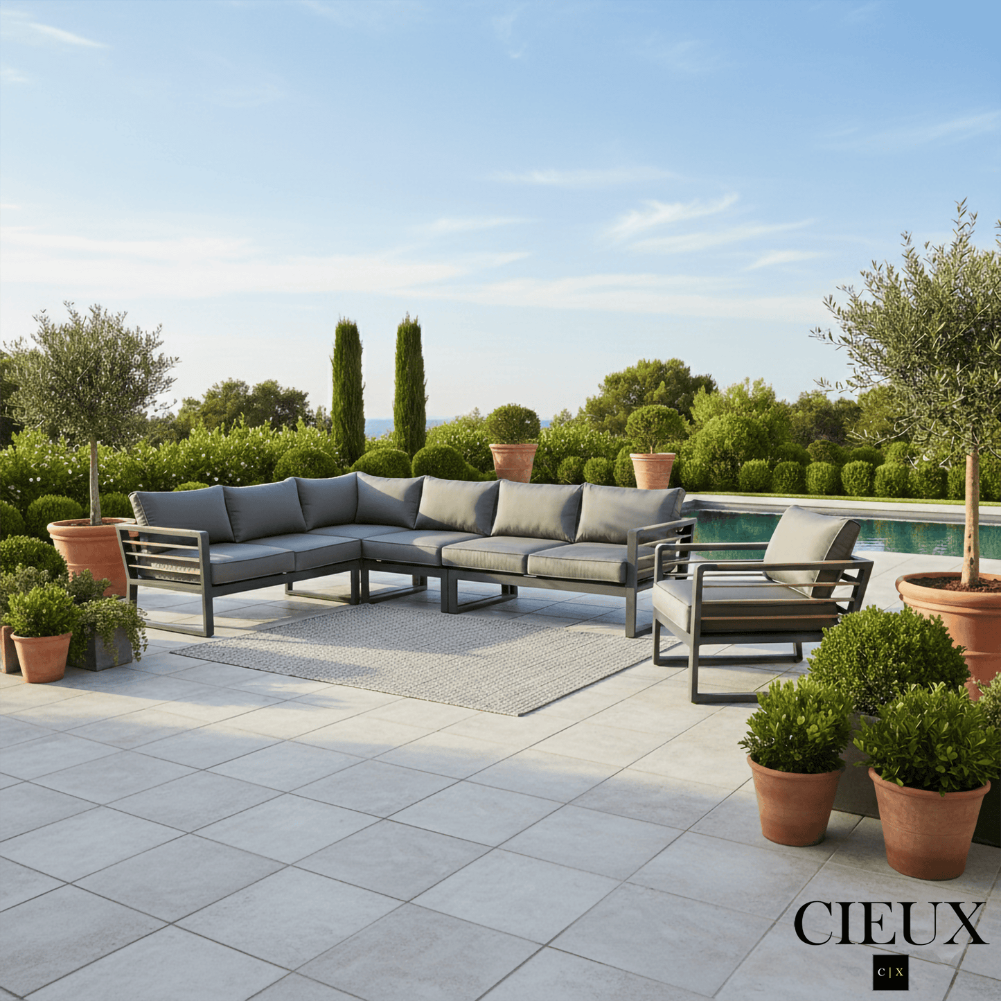 CIEUX Avignon 2 Piece Outdoor Patio Aluminum Metal L Shaped Sectional Sofa with Adjustable Seats Set and Club Chair in Midnight Grey with Sunbrella Cushions in Canvas Charcoal, image 1