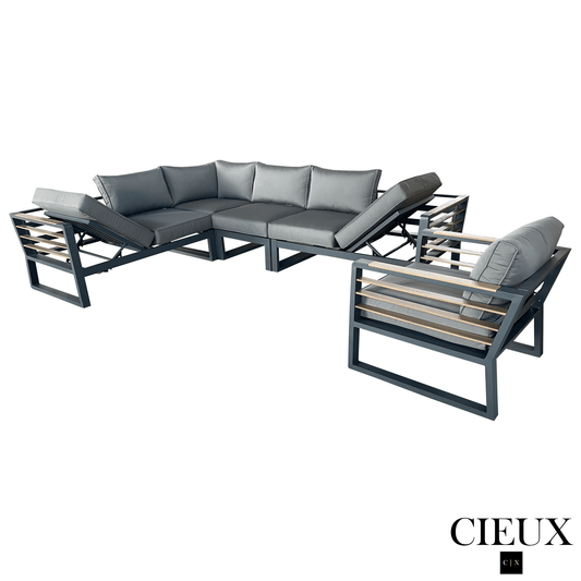 CIEUX Sectional Avignon 2 Piece Outdoor Patio Aluminum Metal L-Shaped Sectional Sofa with Adjustable Seats Set and Club Chair in Midnight Grey with Sunbrella Cushions in Canvas Charcoal
