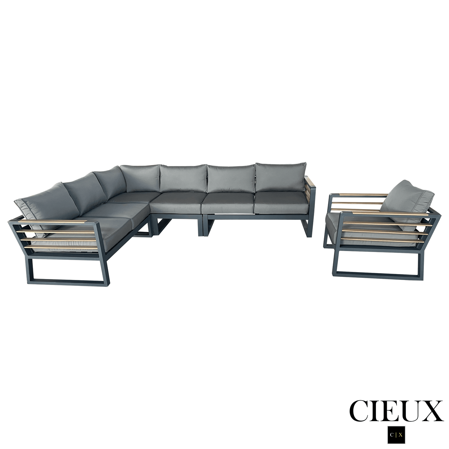 CIEUX Sectional Avignon 2 Piece Outdoor Patio Aluminum Metal L-Shaped Sectional Sofa with Adjustable Seats Set and Club Chair in Midnight Grey with Sunbrella Cushions in Canvas Charcoal