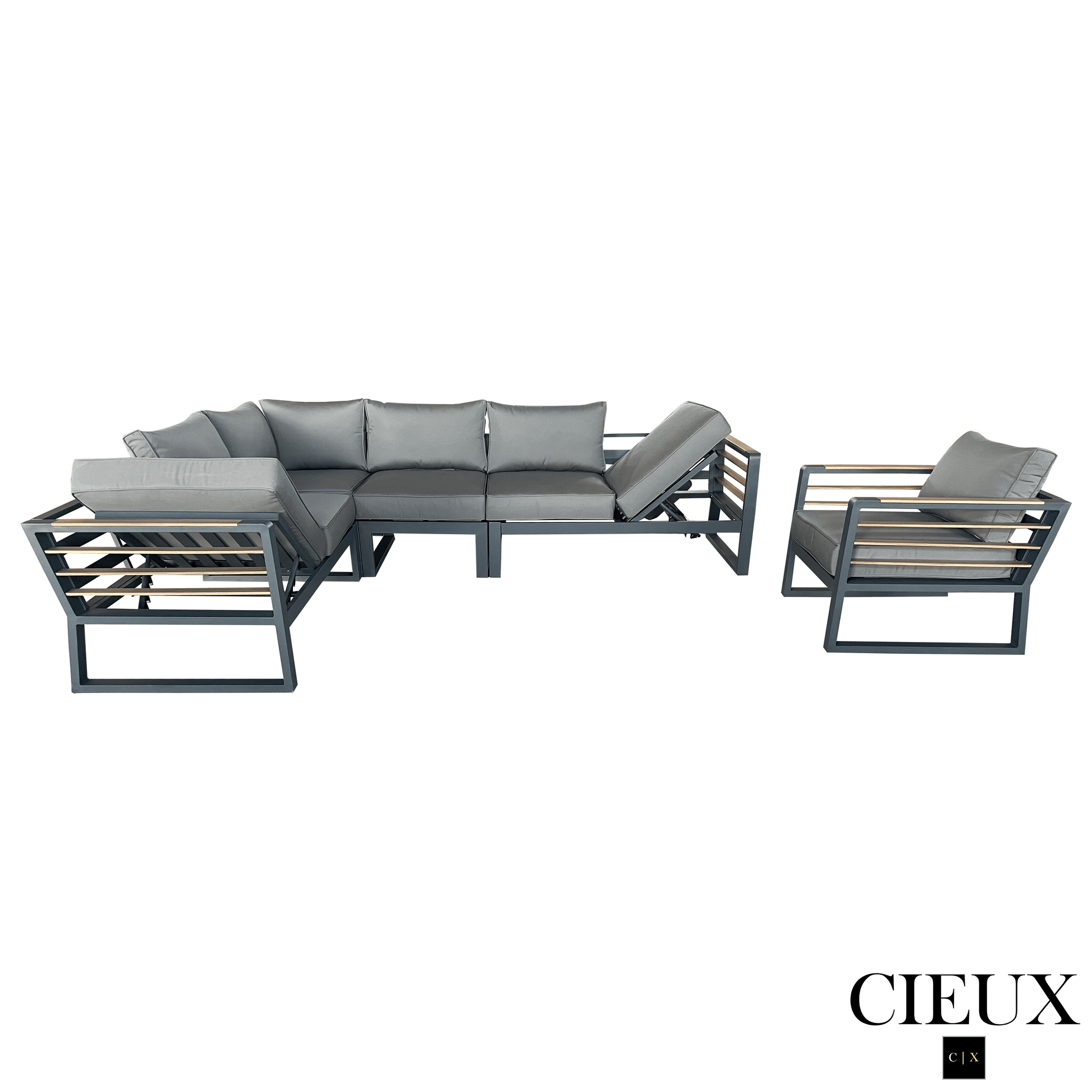 CIEUX Sectional Avignon 2 Piece Outdoor Patio Aluminum Metal L-Shaped Sectional Sofa with Adjustable Seats Set and Club Chair in Midnight Grey with Sunbrella Cushions in Canvas Charcoal
