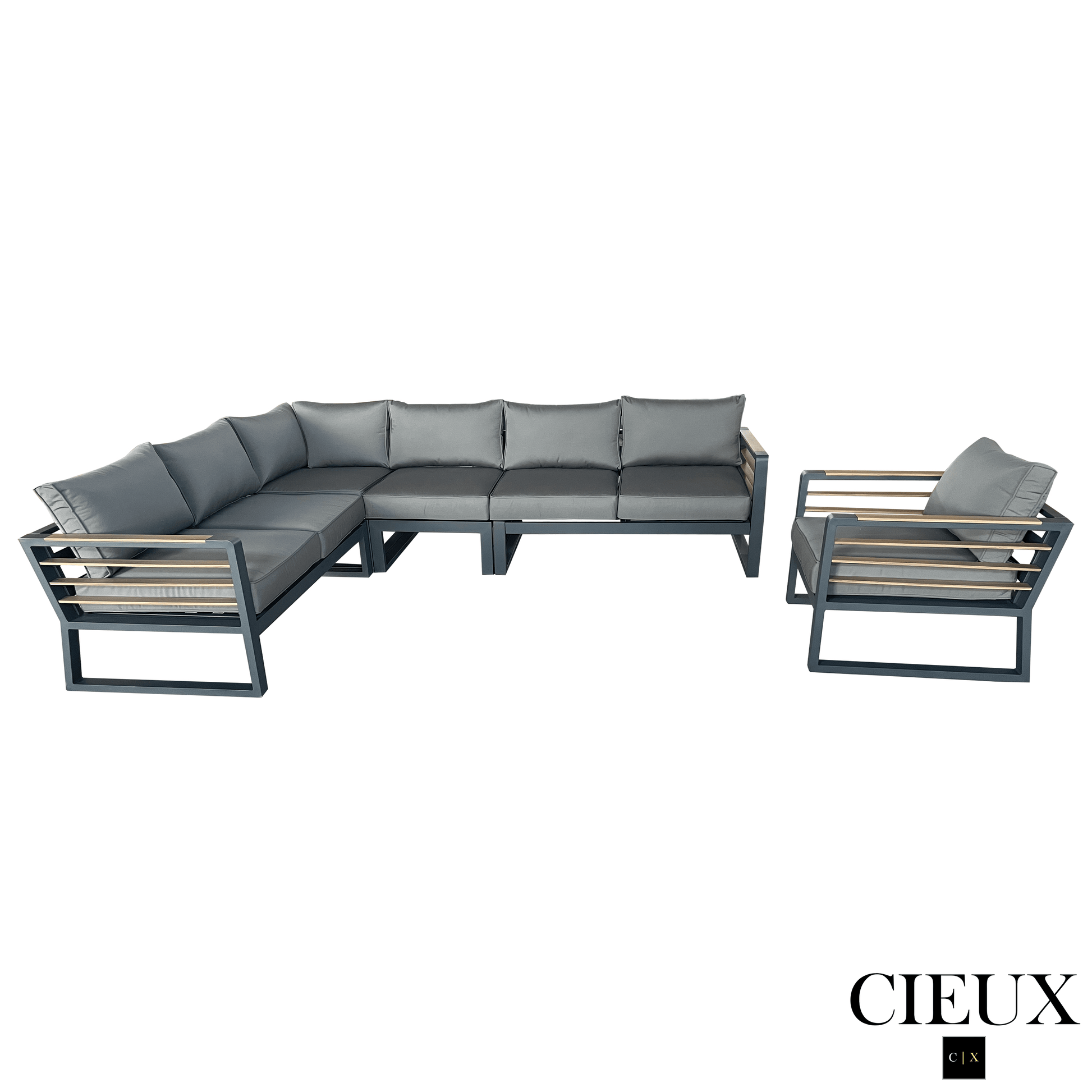 CIEUX Avignon 2 Piece Outdoor Patio Aluminum Metal L Shaped Sectional Sofa with Adjustable Seats Set and Club Chair in Midnight Grey with Sunbrella Cushions in Canvas Charcoal, image 5