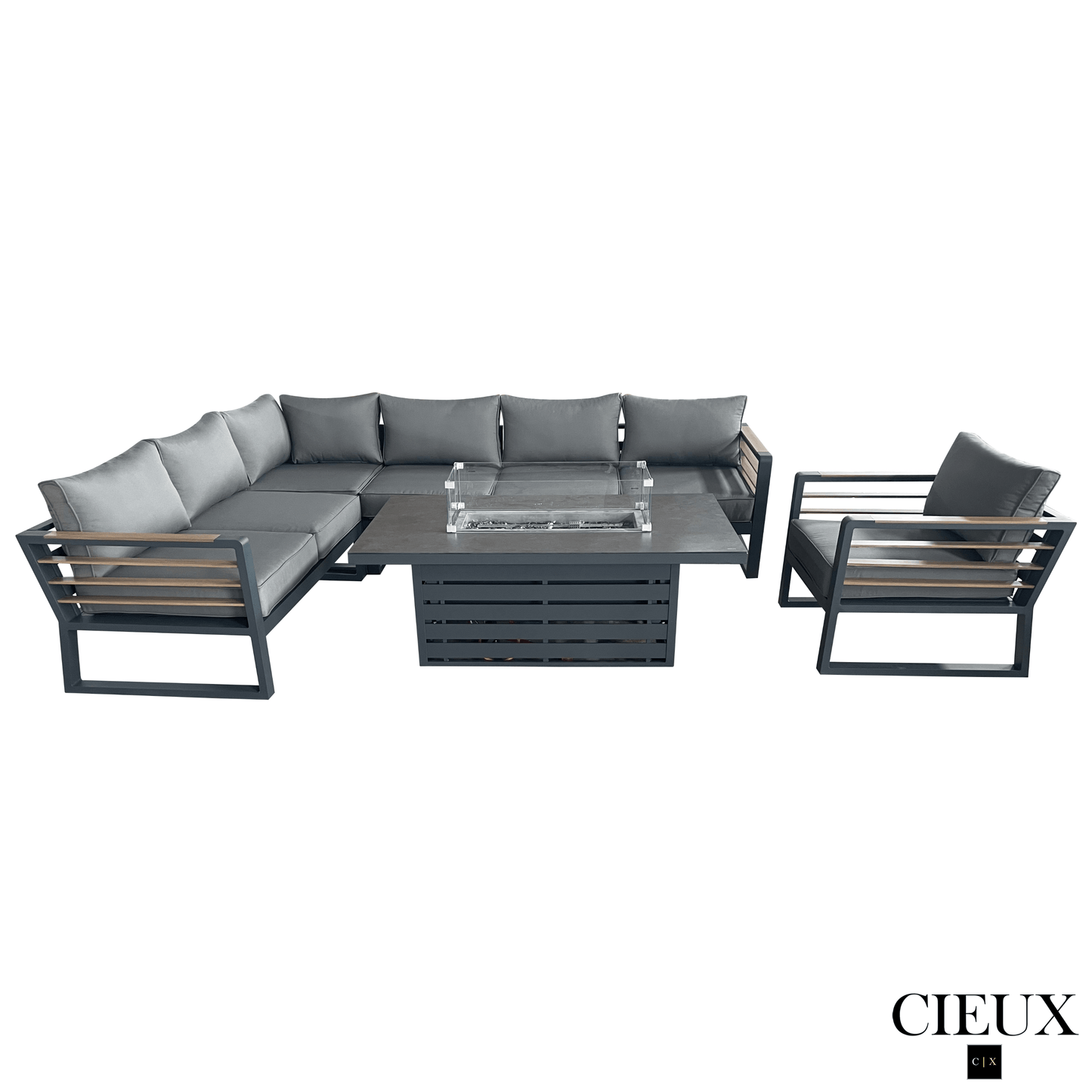 CIEUX Sectional Avignon 3 Piece Outdoor Patio Aluminum Metal L-Shaped Sectional Sofa with Adjustable Seats and Club Chair Set and Alsace Fire Pit Adjustable Height Table in Midnight Grey with Sunbrella Cushions in Canvas Charcoal