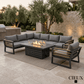 CIEUX Sectional Avignon 3 Piece Outdoor Patio Aluminum Metal L-Shaped Sectional Sofa with Adjustable Seats and Club Chair Set and Alsace Fire Pit Adjustable Height Table in Midnight Grey with Sunbrella Cushions in Canvas Charcoal