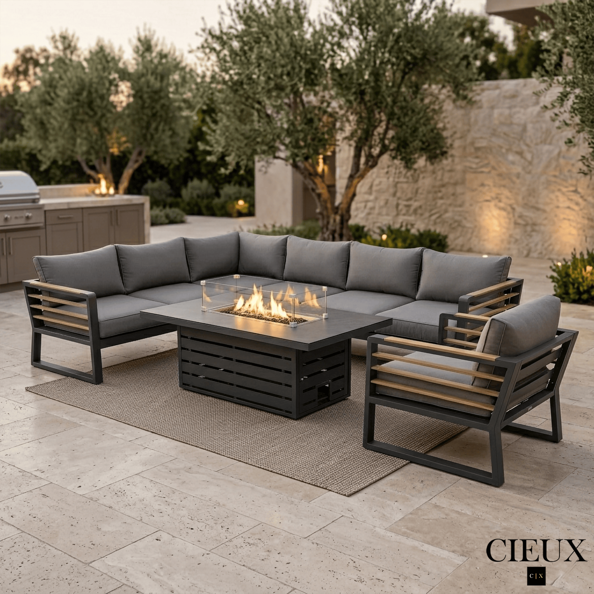 CIEUX Sectional Avignon 3 Piece Outdoor Patio Aluminum Metal L-Shaped Sectional Sofa with Adjustable Seats and Club Chair Set and Alsace Fire Pit Adjustable Height Table in Midnight Grey with Sunbrella Cushions in Canvas Charcoal