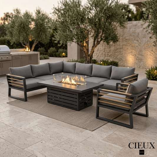 CIEUX Sectional Avignon 3 Piece Outdoor Patio Aluminum Metal L-Shaped Sectional Sofa with Adjustable Seats and Club Chair Set and Alsace Fire Pit Adjustable Height Table in Midnight Grey with Sunbrella Cushions in Canvas Charcoal