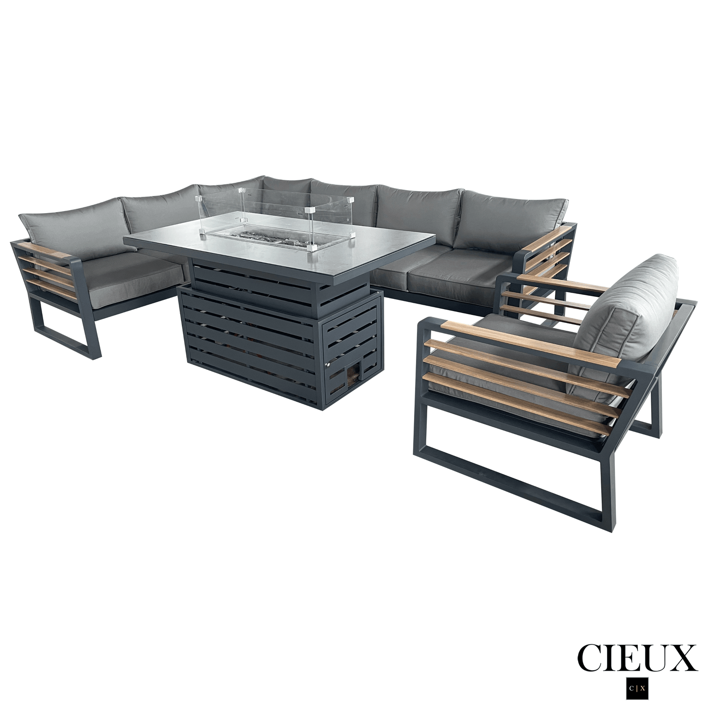 CIEUX Sectional Avignon 3 Piece Outdoor Patio Aluminum Metal L-Shaped Sectional Sofa with Adjustable Seats and Club Chair Set and Alsace Fire Pit Adjustable Height Table in Midnight Grey with Sunbrella Cushions in Canvas Charcoal
