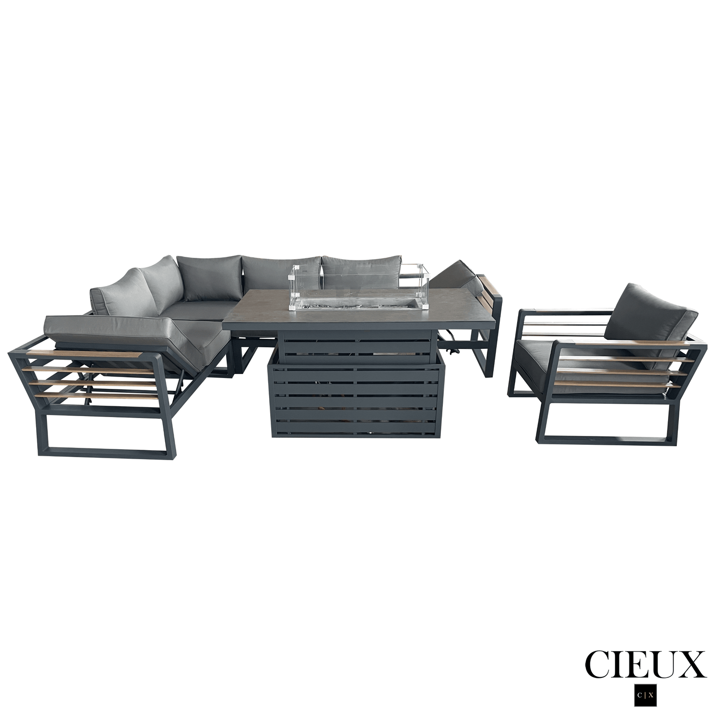 CIEUX Sectional Avignon 3 Piece Outdoor Patio Aluminum Metal L-Shaped Sectional Sofa with Adjustable Seats and Club Chair Set and Alsace Fire Pit Adjustable Height Table in Midnight Grey with Sunbrella Cushions in Canvas Charcoal