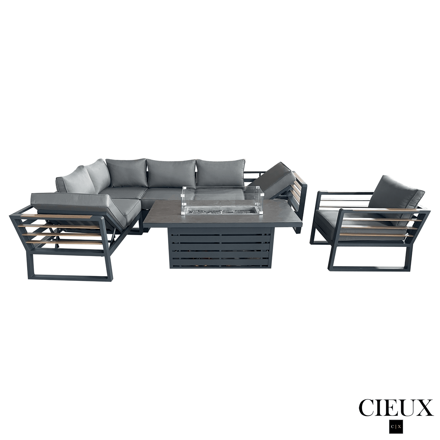 CIEUX Sectional Avignon 3 Piece Outdoor Patio Aluminum Metal L-Shaped Sectional Sofa with Adjustable Seats and Club Chair Set and Alsace Fire Pit Adjustable Height Table in Midnight Grey with Sunbrella Cushions in Canvas Charcoal