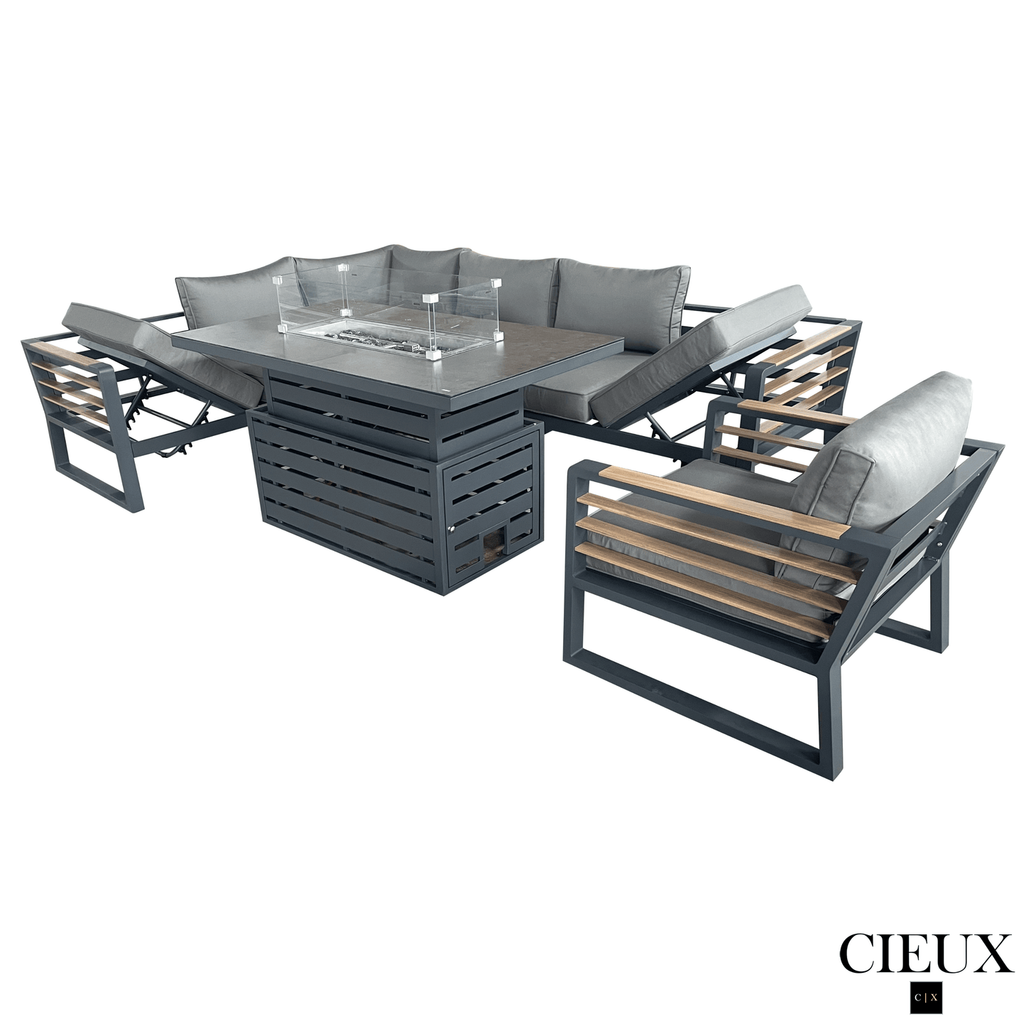 CIEUX Sectional Avignon 3 Piece Outdoor Patio Aluminum Metal L-Shaped Sectional Sofa with Adjustable Seats and Club Chair Set and Alsace Fire Pit Adjustable Height Table in Midnight Grey with Sunbrella Cushions in Canvas Charcoal