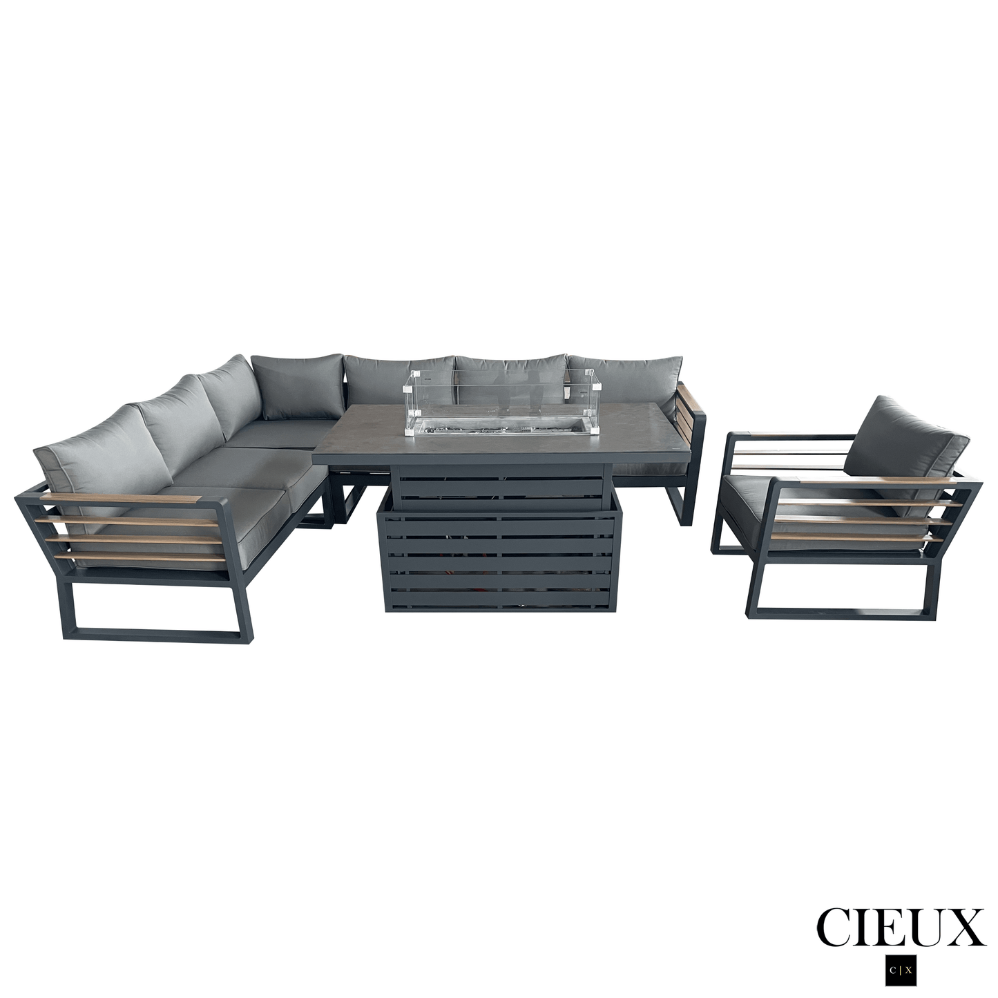 CIEUX Sectional Avignon 3 Piece Outdoor Patio Aluminum Metal L-Shaped Sectional Sofa with Adjustable Seats and Club Chair Set and Alsace Fire Pit Adjustable Height Table in Midnight Grey with Sunbrella Cushions in Canvas Charcoal