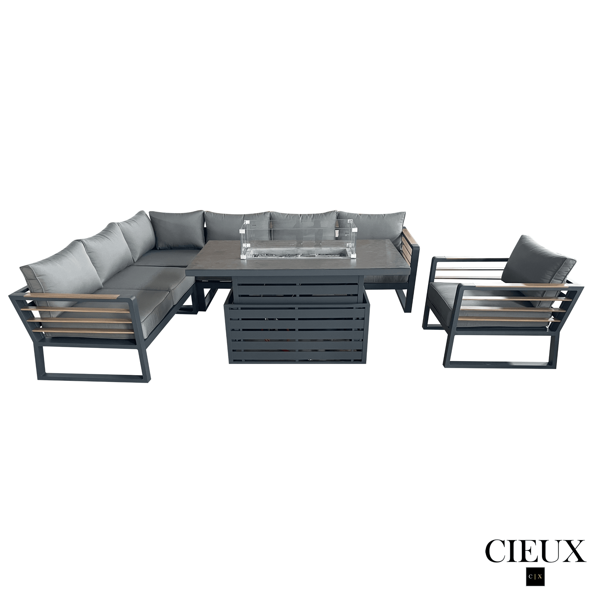 CIEUX Sectional Avignon 3 Piece Outdoor Patio Aluminum Metal L-Shaped Sectional Sofa with Adjustable Seats and Club Chair Set and Alsace Fire Pit Adjustable Height Table in Midnight Grey with Sunbrella Cushions in Canvas Charcoal