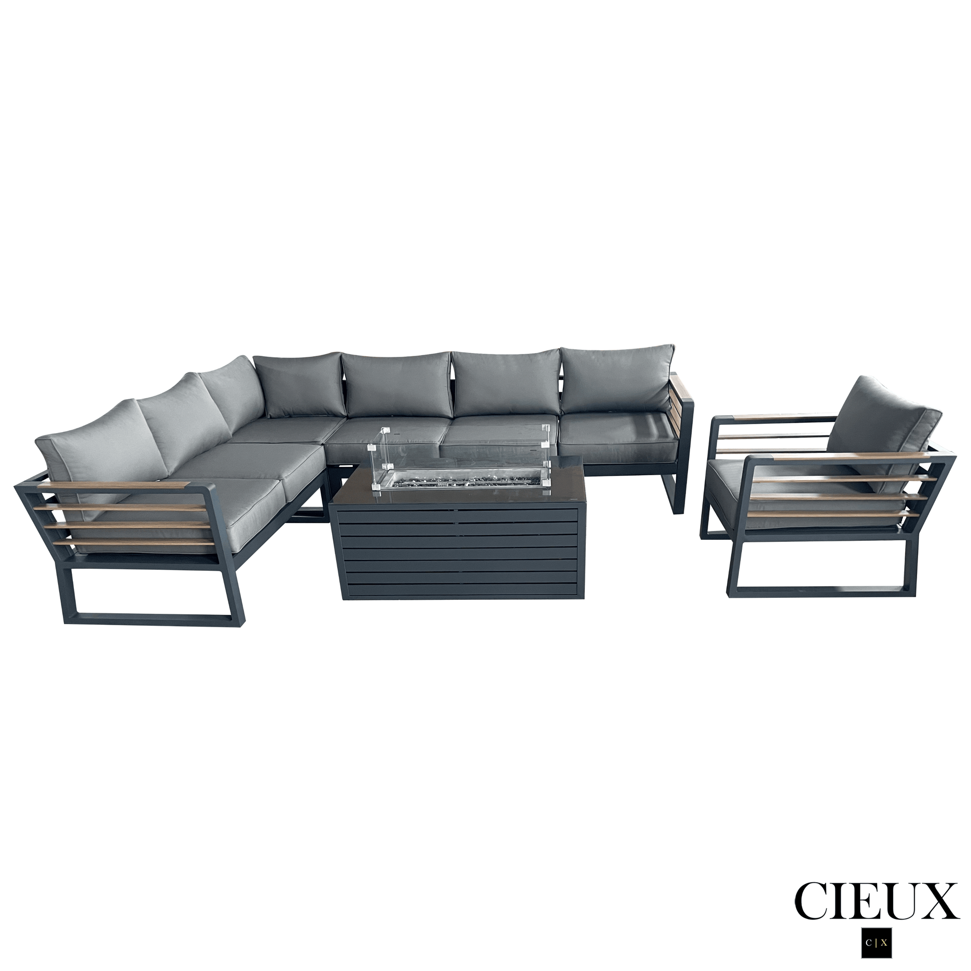 CIEUX Sectional Avignon 3 Piece Outdoor Patio Aluminum Metal L-Shaped Sectional Sofa with Adjustable Seats and Club Chair Set and Annency Fire Pit Coffee Table in Midnight Grey with Sunbrella Cushions in Canvas Charcoal