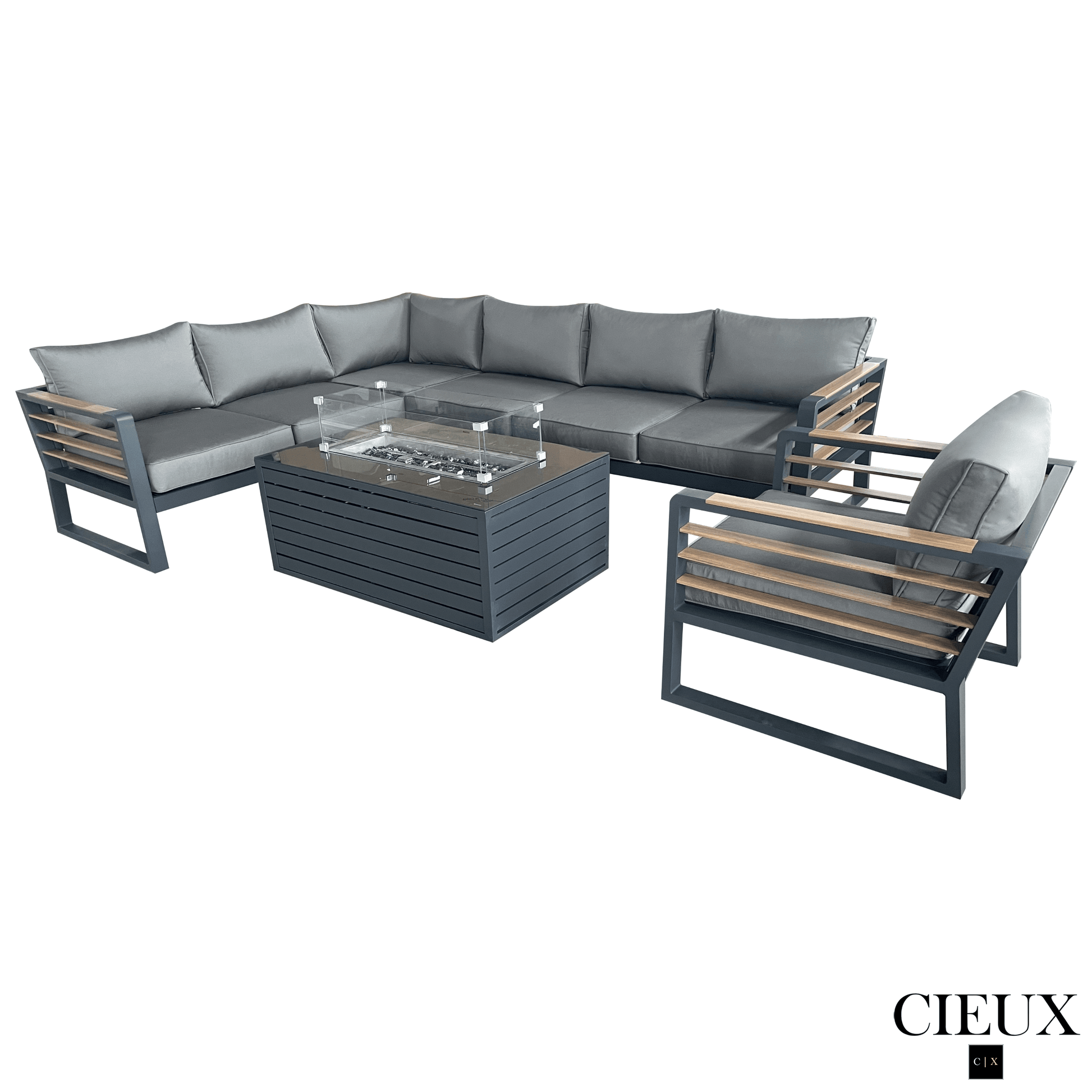 CIEUX Sectional Avignon 3 Piece Outdoor Patio Aluminum Metal L-Shaped Sectional Sofa with Adjustable Seats and Club Chair Set and Annency Fire Pit Coffee Table in Midnight Grey with Sunbrella Cushions in Canvas Charcoal
