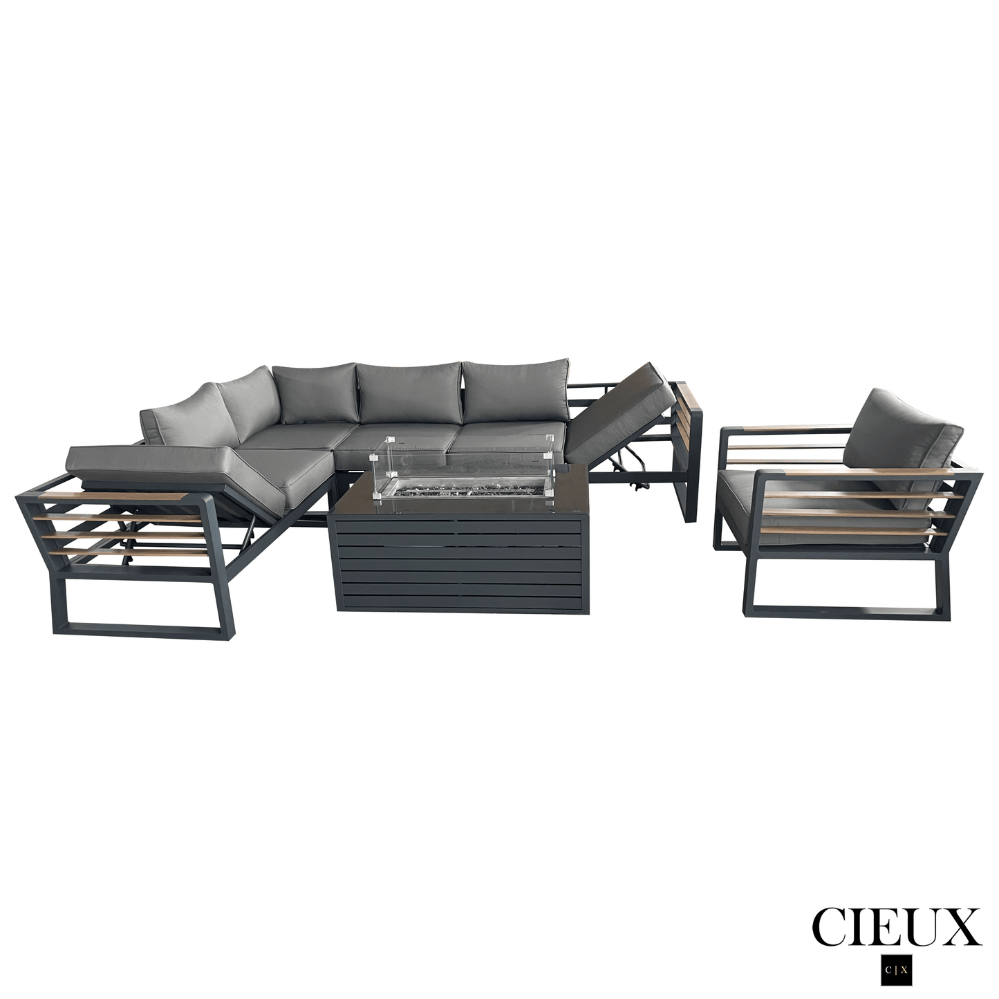 CIEUX Sectional Avignon 3 Piece Outdoor Patio Aluminum Metal L-Shaped Sectional Sofa with Adjustable Seats and Club Chair Set and Annency Fire Pit Coffee Table in Midnight Grey with Sunbrella Cushions in Canvas Charcoal
