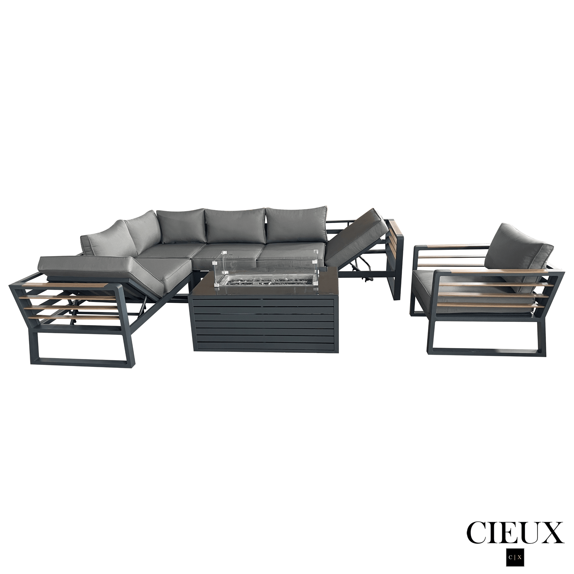 CIEUX Sectional Avignon 3 Piece Outdoor Patio Aluminum Metal L-Shaped Sectional Sofa with Adjustable Seats and Club Chair Set and Annency Fire Pit Coffee Table in Midnight Grey with Sunbrella Cushions in Canvas Charcoal