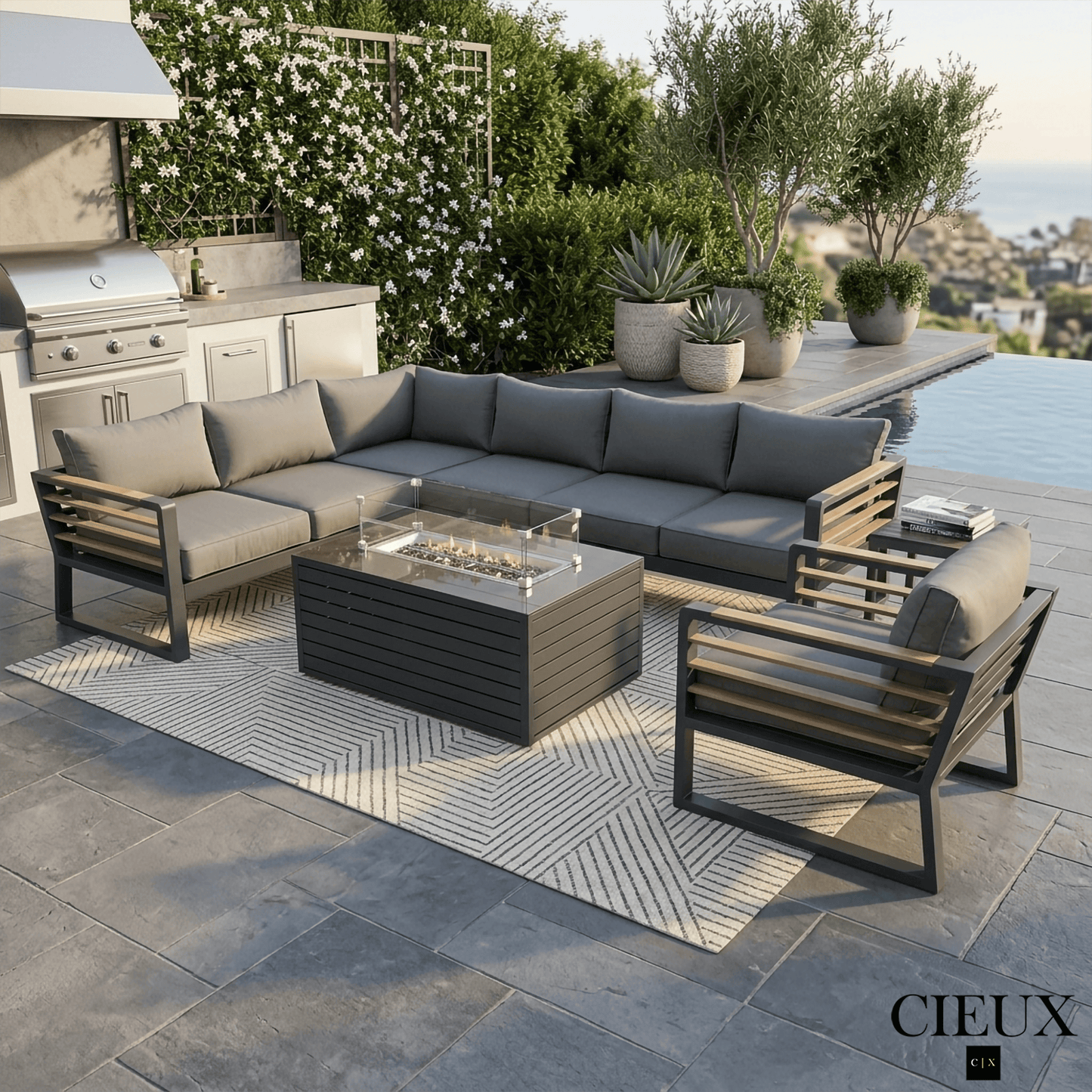 CIEUX Sectional Avignon 3 Piece Outdoor Patio Aluminum Metal L-Shaped Sectional Sofa with Adjustable Seats and Club Chair Set and Annency Fire Pit Coffee Table in Midnight Grey with Sunbrella Cushions in Canvas Charcoal
