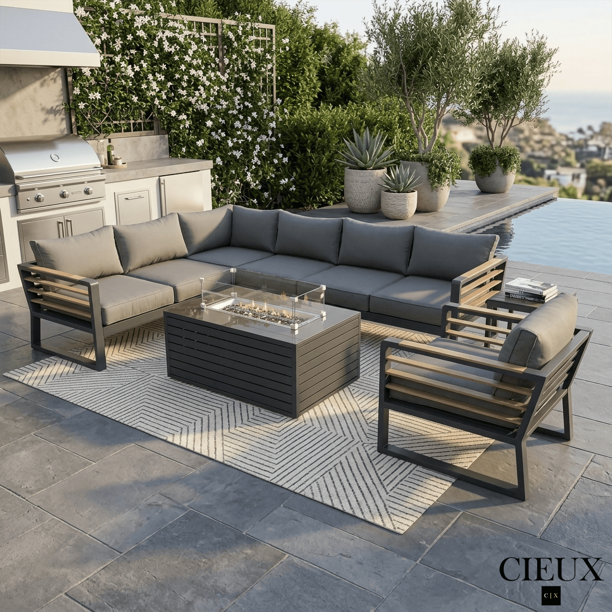 CIEUX Sectional Avignon 3 Piece Outdoor Patio Aluminum Metal L-Shaped Sectional Sofa with Adjustable Seats and Club Chair Set and Annency Fire Pit Coffee Table in Midnight Grey with Sunbrella Cushions in Canvas Charcoal