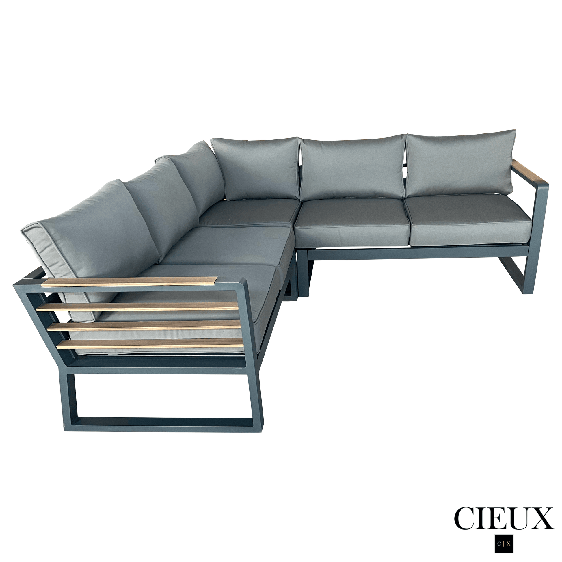 CIEUX Sectional Avignon Outdoor Patio Aluminum Metal Corner Sectional Sofa with Adjustable Seats in Midnight Grey with Sunbrella Cushions in Canvas Charcoal