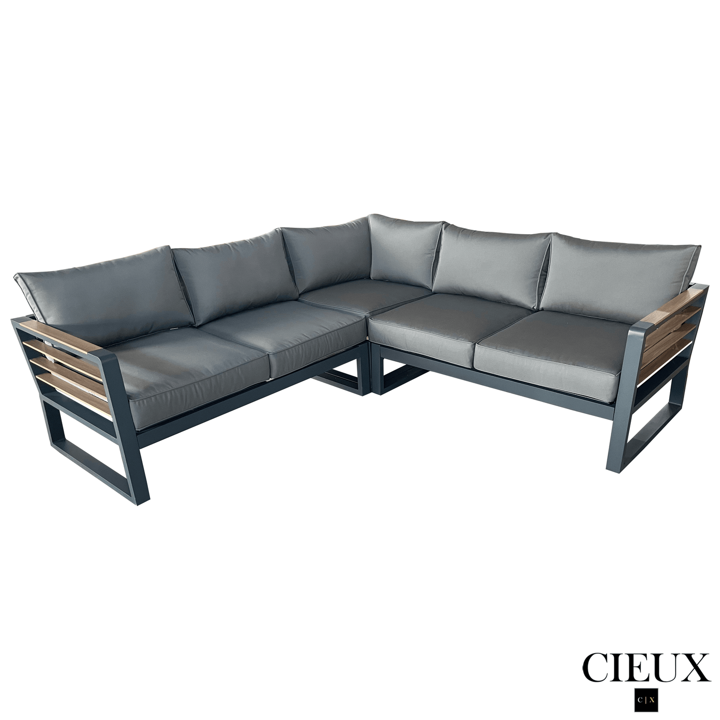 CIEUX Sectional Avignon Outdoor Patio Aluminum Metal Corner Sectional Sofa with Adjustable Seats in Midnight Grey with Sunbrella Cushions in Canvas Charcoal