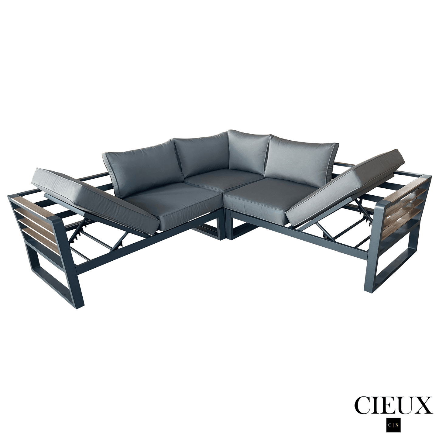 CIEUX Sectional Avignon Outdoor Patio Aluminum Metal Corner Sectional Sofa with Adjustable Seats in Midnight Grey with Sunbrella Cushions in Canvas Charcoal