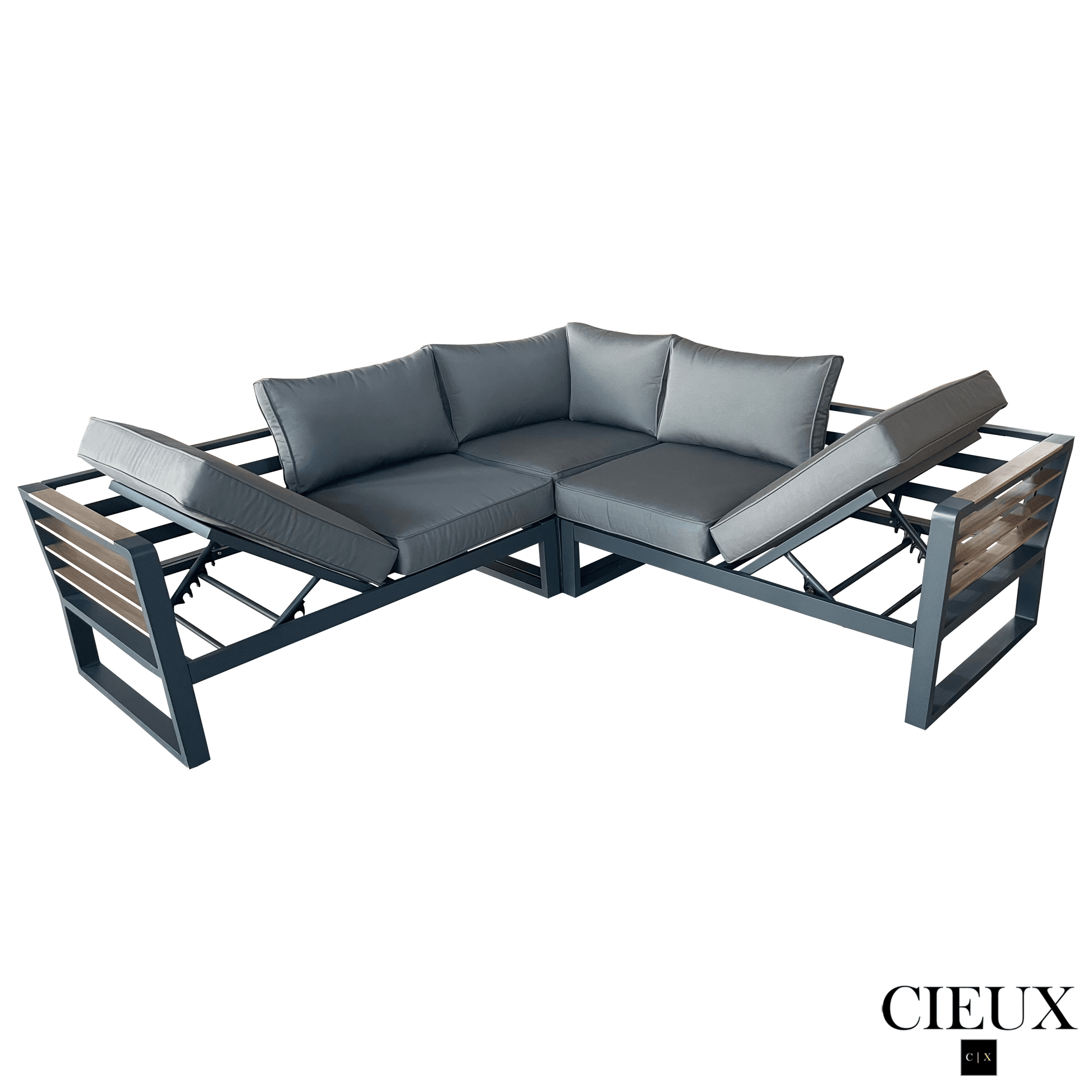 CIEUX Sectional Avignon Outdoor Patio Aluminum Metal Corner Sectional Sofa with Adjustable Seats in Midnight Grey with Sunbrella Cushions in Canvas Charcoal