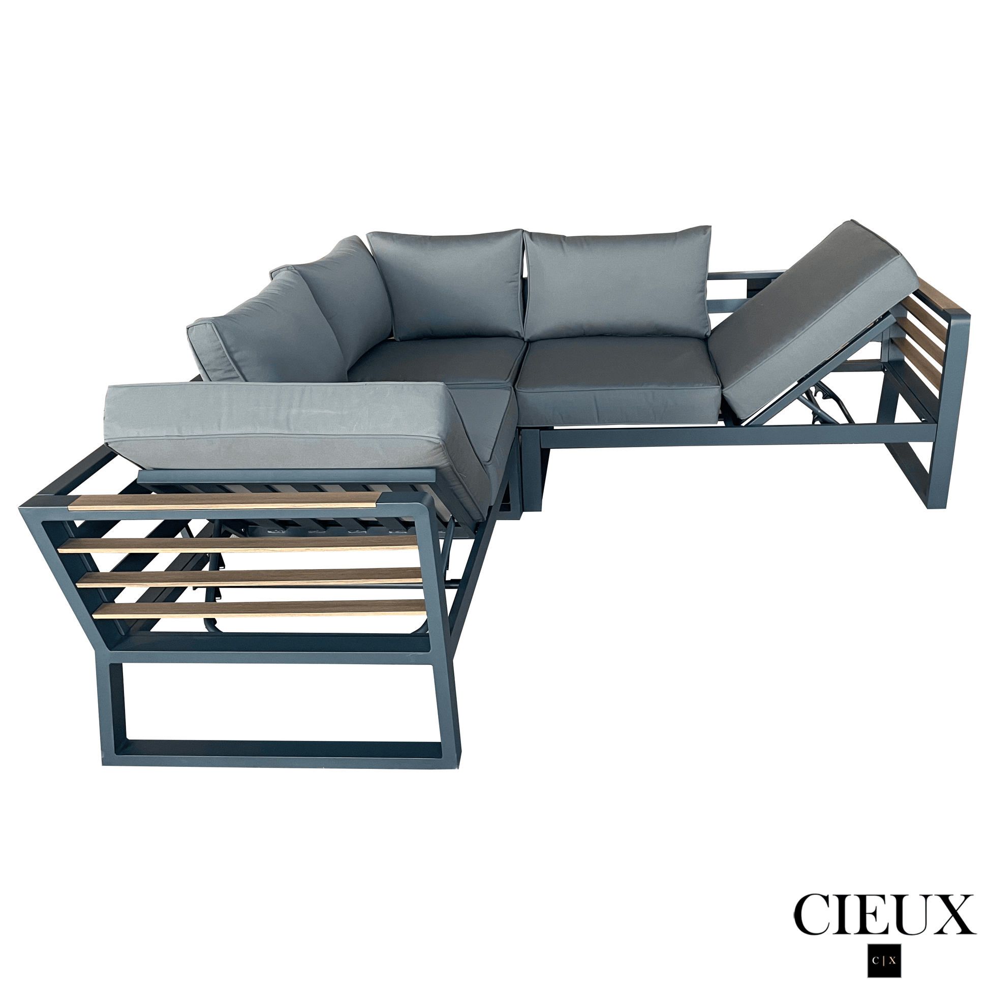 CIEUX Sectional Avignon Outdoor Patio Aluminum Metal Corner Sectional Sofa with Adjustable Seats in Midnight Grey with Sunbrella Cushions in Canvas Charcoal
