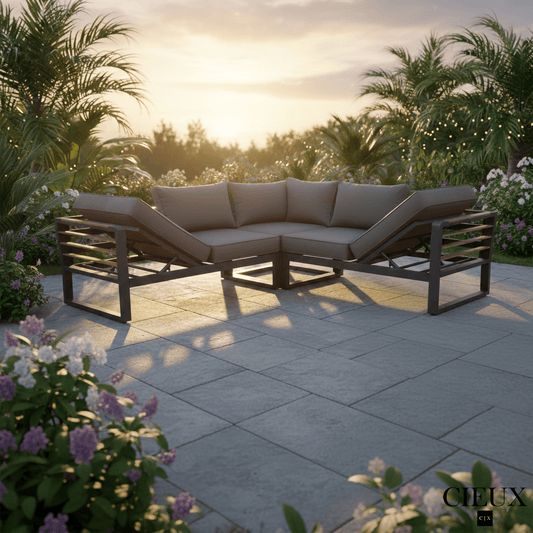 CIEUX Sectional Avignon Outdoor Patio Aluminum Metal Corner Sectional Sofa with Adjustable Seats in Midnight Grey with Sunbrella Cushions in Canvas Charcoal