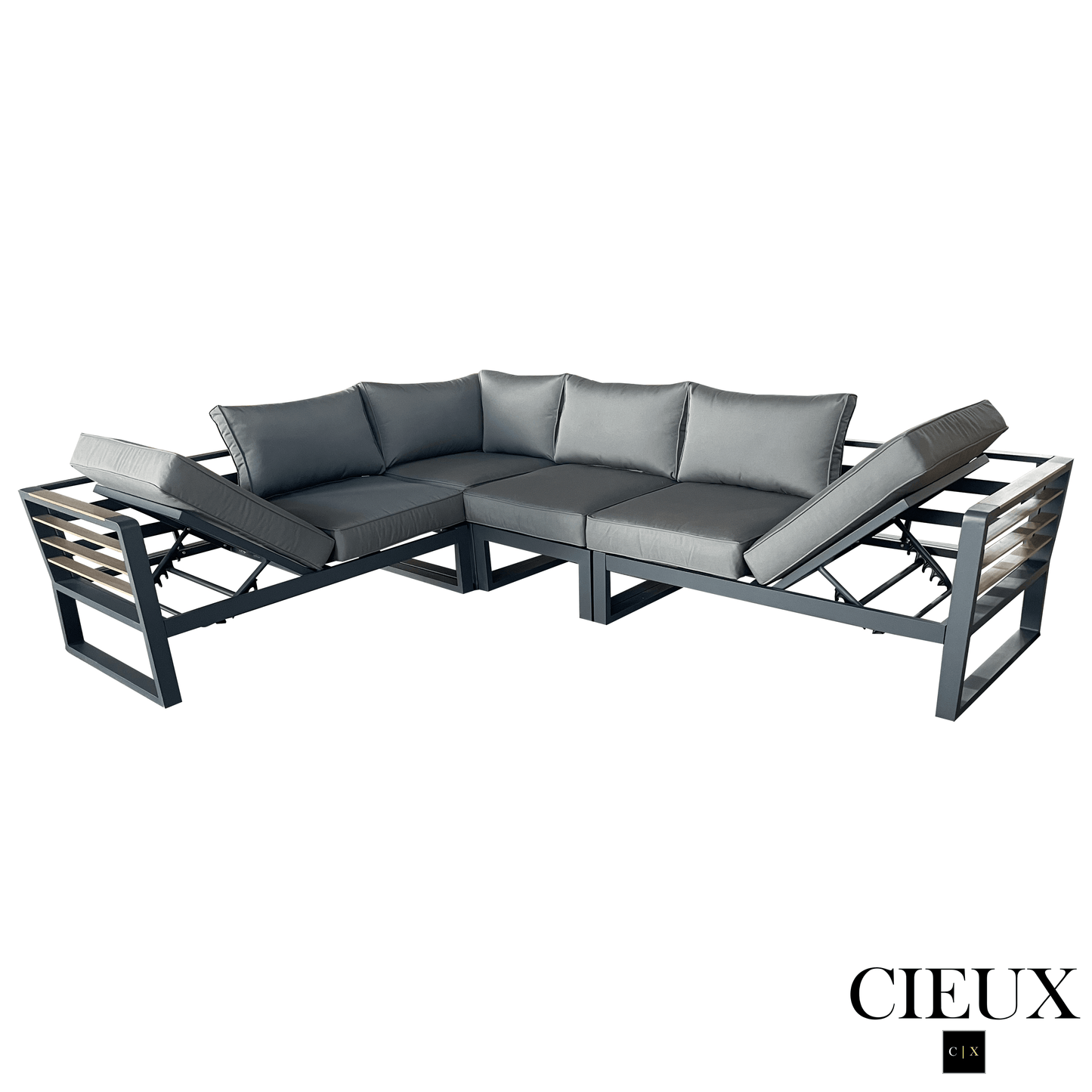 CIEUX Avignon 2 Piece Outdoor Patio Aluminum Metal L Shaped Sectional Sofa with Adjustable Seats Set and Club Chair in Midnight Grey with Sunbrella Cushions in Canvas Charcoal, image 6