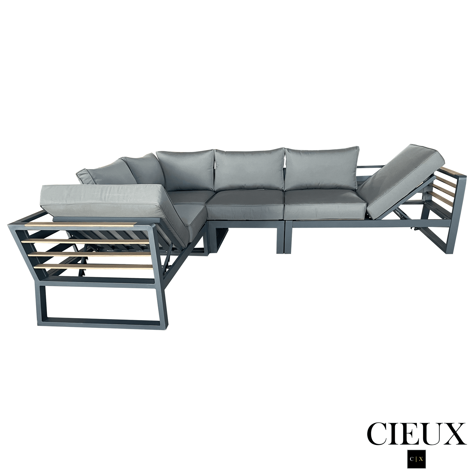 CIEUX Avignon 2 Piece Outdoor Patio Aluminum Metal L Shaped Sectional Sofa with Adjustable Seats Set and Club Chair in Midnight Grey with Sunbrella Cushions in Canvas Charcoal, image 8