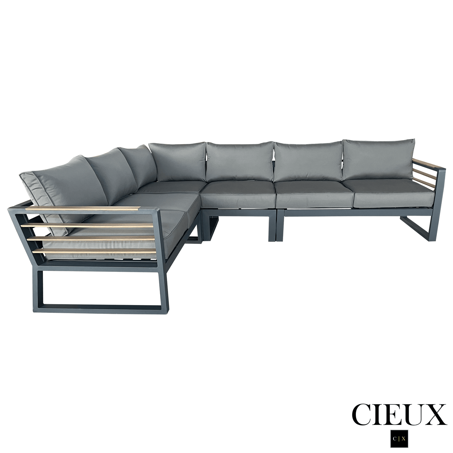 CIEUX Avignon Outdoor Patio Aluminum Metal L Shaped Sectional Sofa with Adjustable Seats in Midnight Grey with Sunbrella Cushions in Canvas Charcoal, image 5
