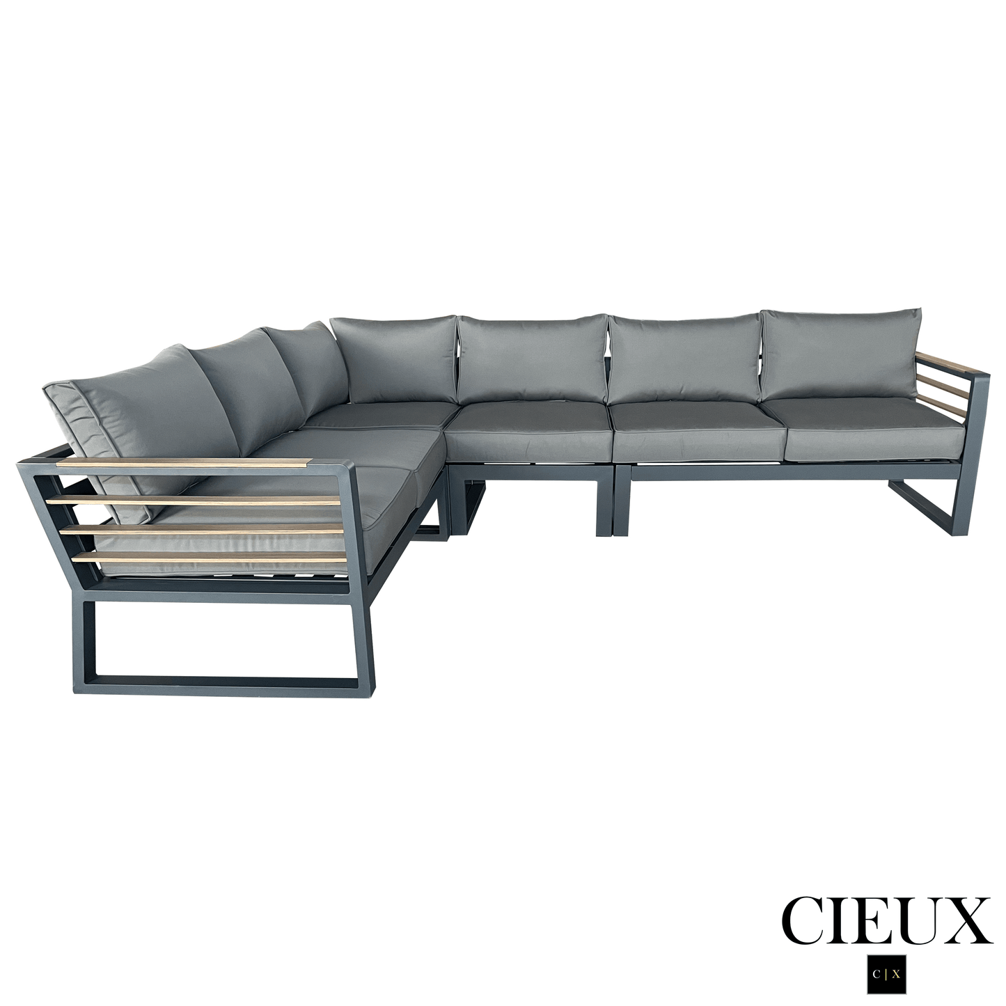 CIEUX Sectional Avignon Outdoor Patio Aluminum Metal L-Shaped Sectional Sofa with Adjustable Seats in Midnight Grey with Sunbrella Cushions in Canvas Charcoal