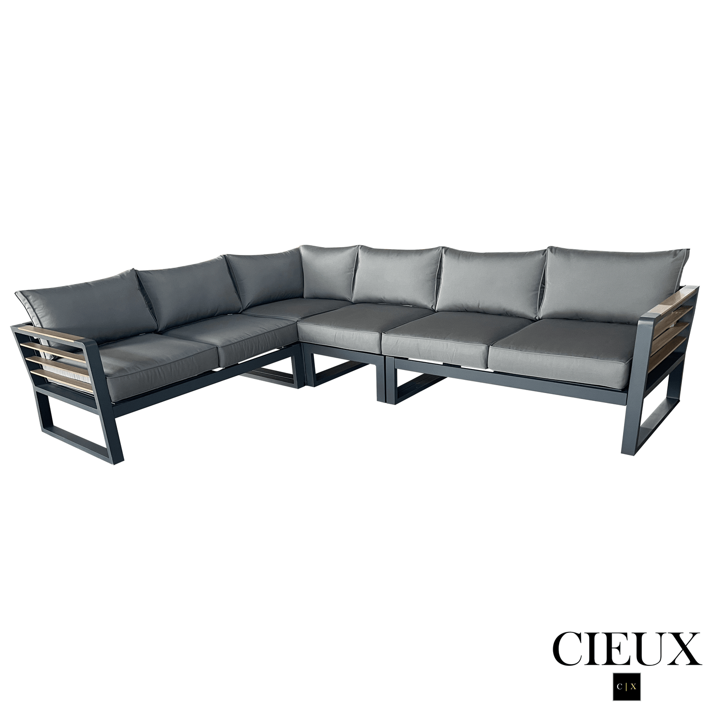 CIEUX Avignon 3 Piece Outdoor Patio Aluminum Metal L Shaped Sectional Sofa with Adjustable Seats and Club Chair Set and Annency Fire Pit Coffee Table in Midnight Grey with Sunbrella Cushions in Canvas Charcoal, image 7