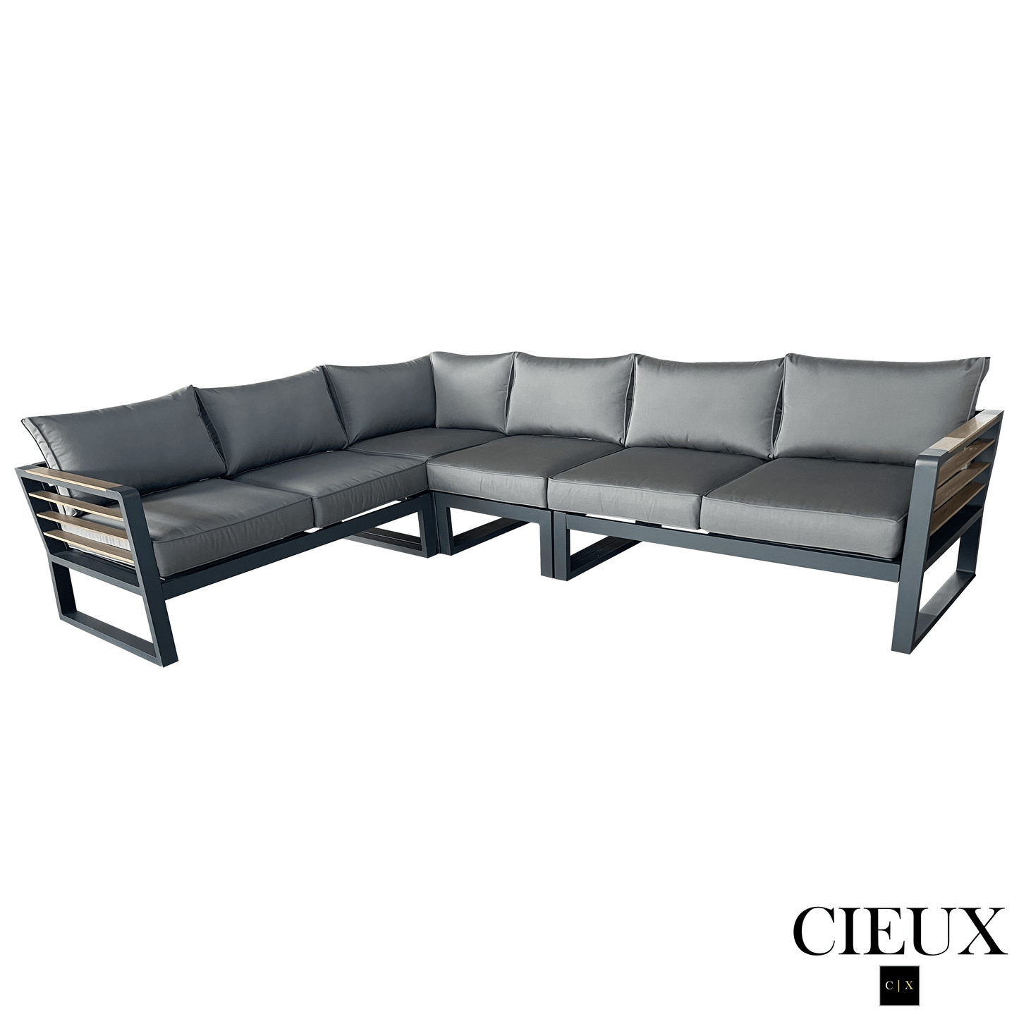 CIEUX Sectional Avignon Outdoor Patio Aluminum Metal L-Shaped Sectional Sofa with Adjustable Seats in Midnight Grey with Sunbrella Cushions in Canvas Charcoal