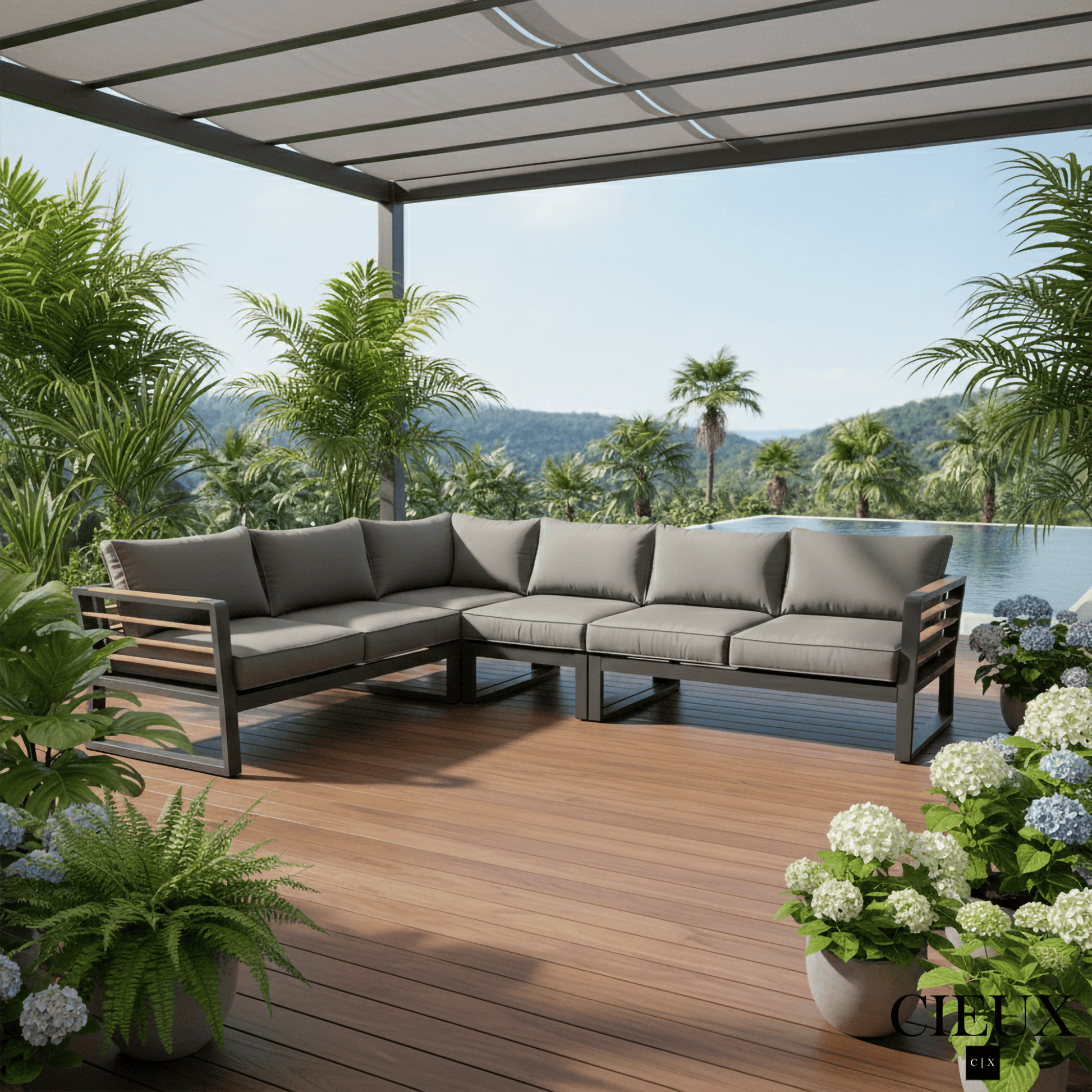 CIEUX Avignon Outdoor Patio Aluminum Metal L Shaped Sectional Sofa with Adjustable Seats in Midnight Grey with Sunbrella Cushions in Canvas Charcoal, image 1