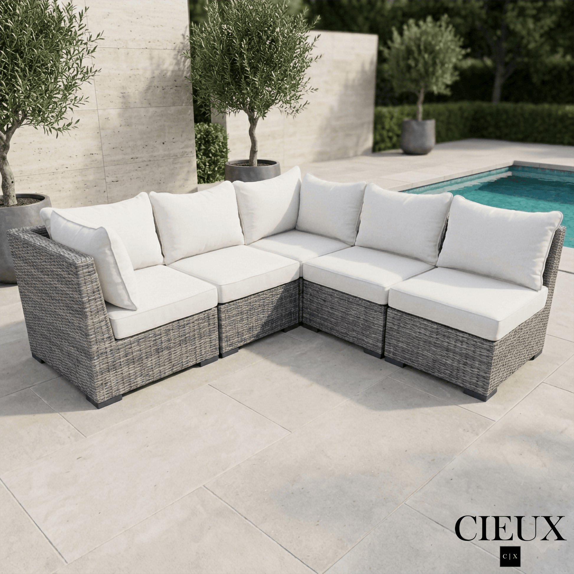 CIEUX Sectional Cannes Outdoor Patio Wicker Corner Sectional Sofa in Grey Wicker with Sunbrella Cushions in Canvas Natural