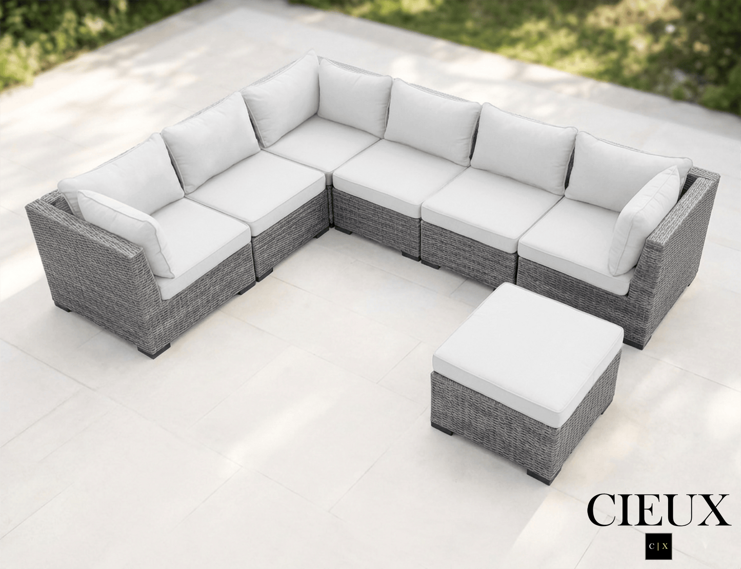 CIEUX Sectional Cannes Outdoor Patio Wicker L-Shaped Sectional Sofa with Ottoman in Grey Wicker with Sunbrella Cushions in Canvas Natural