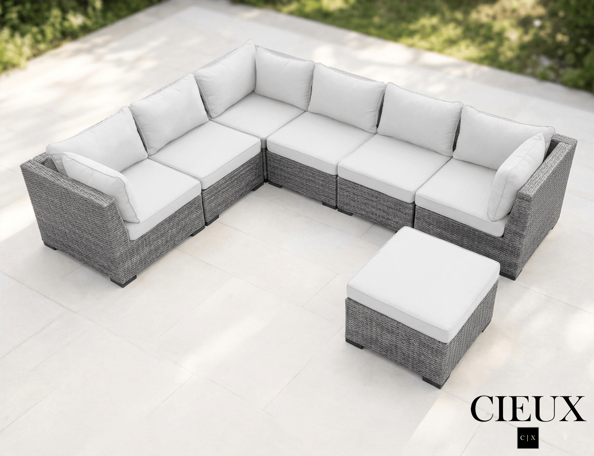 CIEUX Sectional Cannes Outdoor Patio Wicker L-Shaped Sectional Sofa with Ottoman in Grey Wicker with Sunbrella Cushions in Canvas Natural