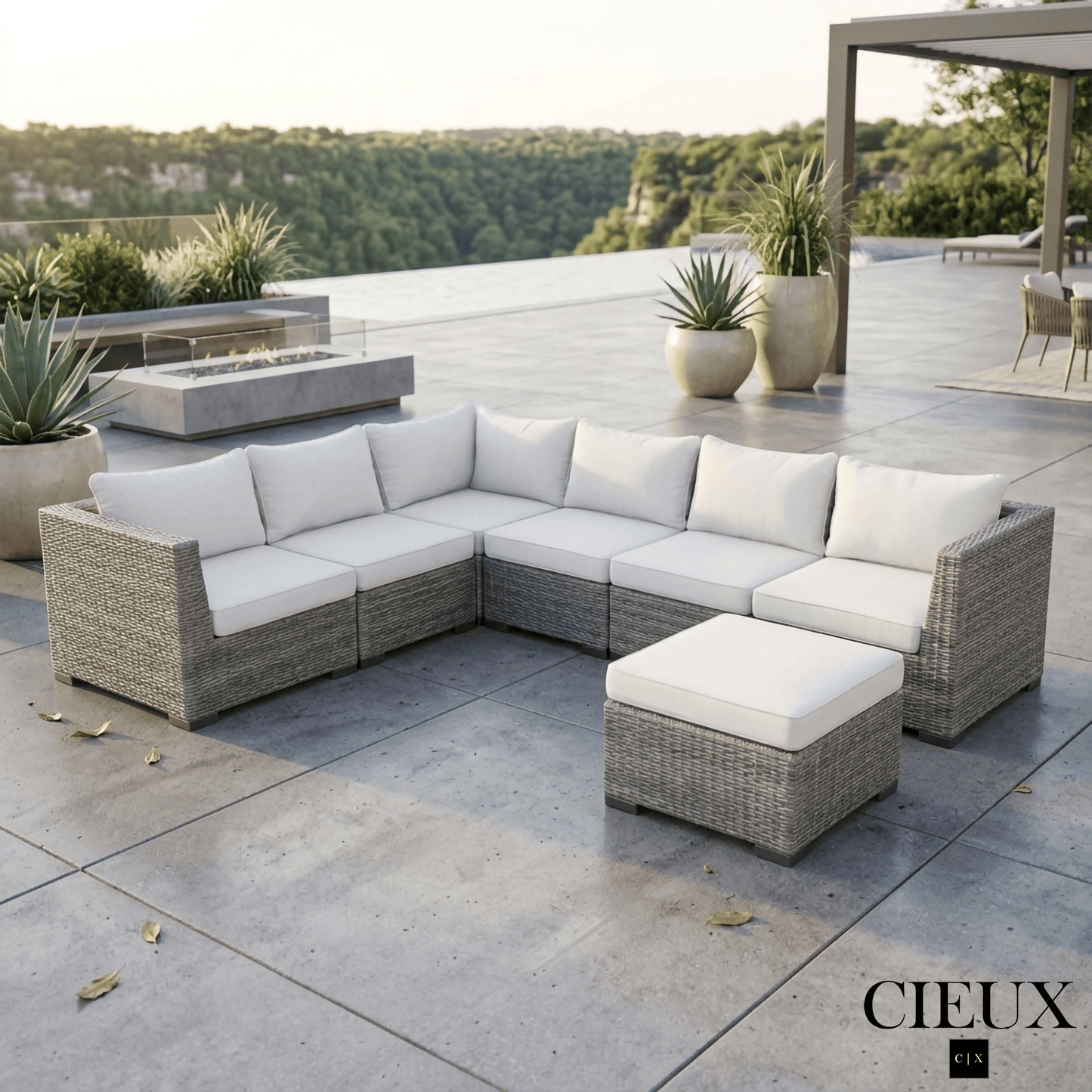 CIEUX Sectional Cannes Outdoor Patio Wicker L-Shaped Sectional Sofa with Ottoman in Grey Wicker with Sunbrella Cushions in Canvas Natural