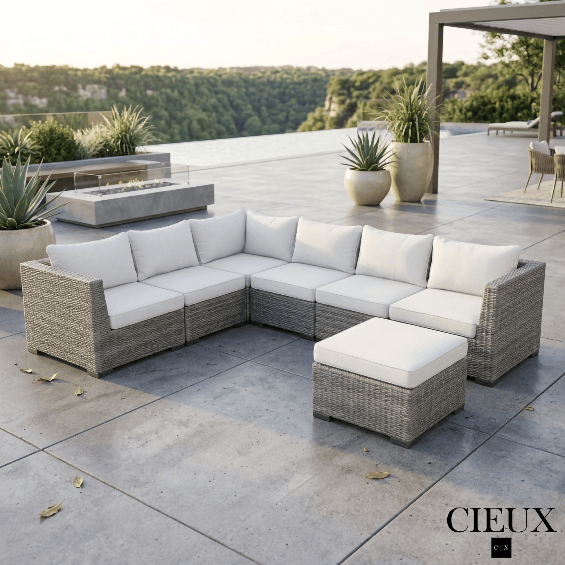 CIEUX Sectional Cannes Outdoor Patio Wicker L-Shaped Sectional Sofa with Ottoman in Grey Wicker with Sunbrella Cushions in Canvas Natural