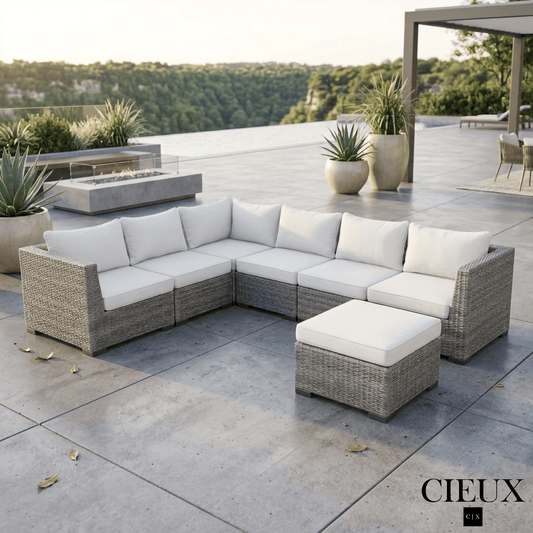 CIEUX Sectional Cannes Outdoor Patio Wicker L-Shaped Sectional Sofa with Ottoman in Grey Wicker with Sunbrella Cushions in Canvas Natural