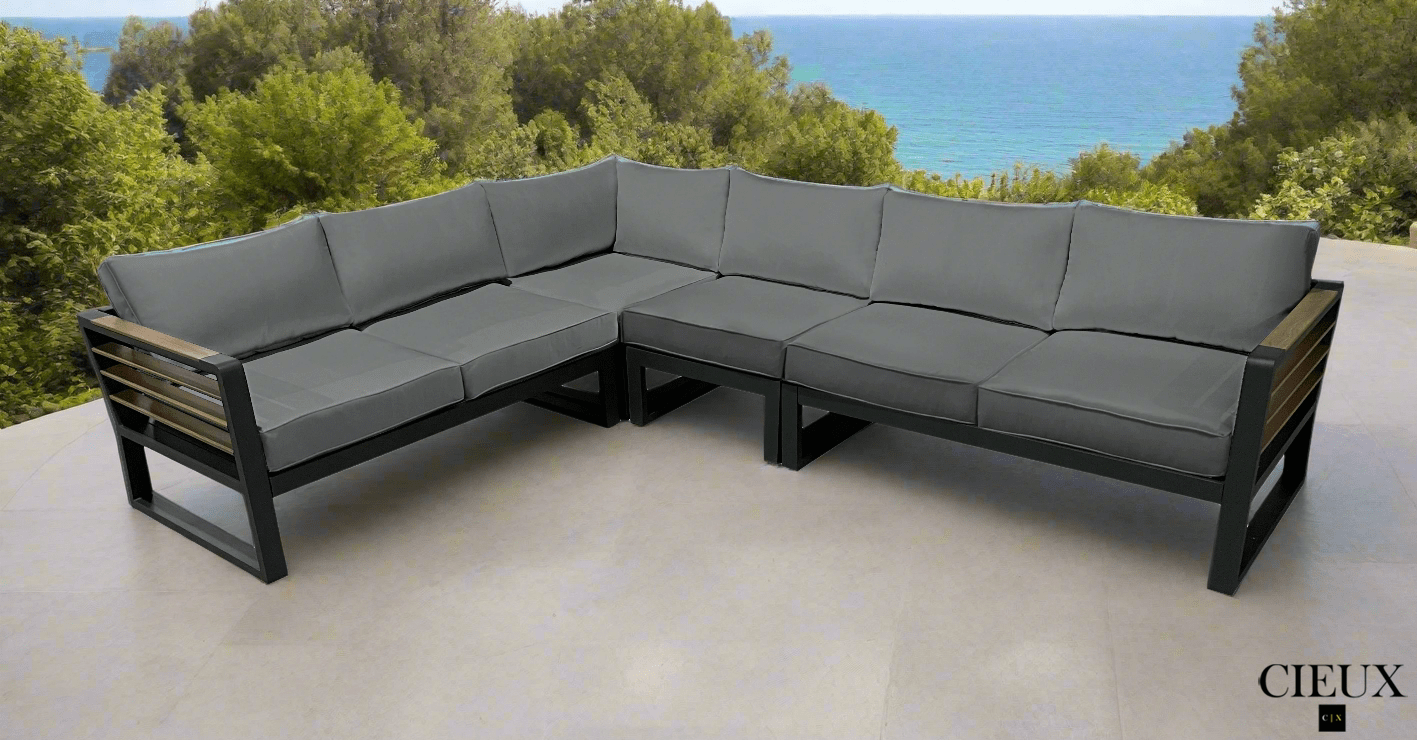 Avignon Outdoor Patio Aluminum Metal L-Shaped Sectional Sofa in Midnight Grey with Sunbrella Cushions in Canvas Charcoal
