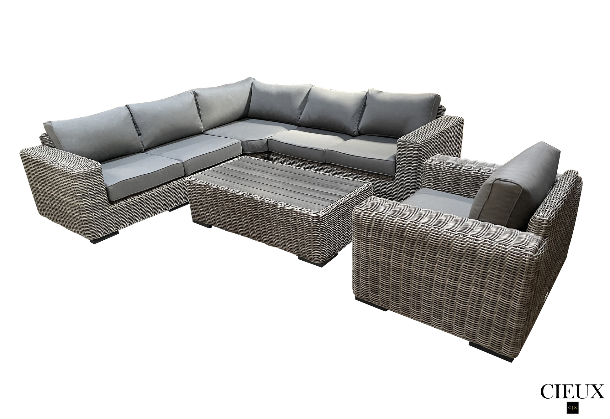 CIEUX Champagne 3 Piece Outdoor Patio Wicker Corner Sectional Sofa, Coffee Table and Club Chair Set in Grey with Sunbrella Cushions, image 3