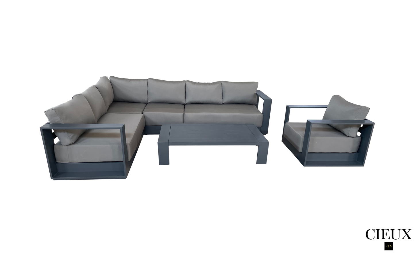 CIEUX Lyon 3 Piece Outdoor Patio Aluminum Metal L Shaped Sectional Sofa, Coffee Table and Club Chair Set in Midnight Grey with Sunbrella Cushions, image 3