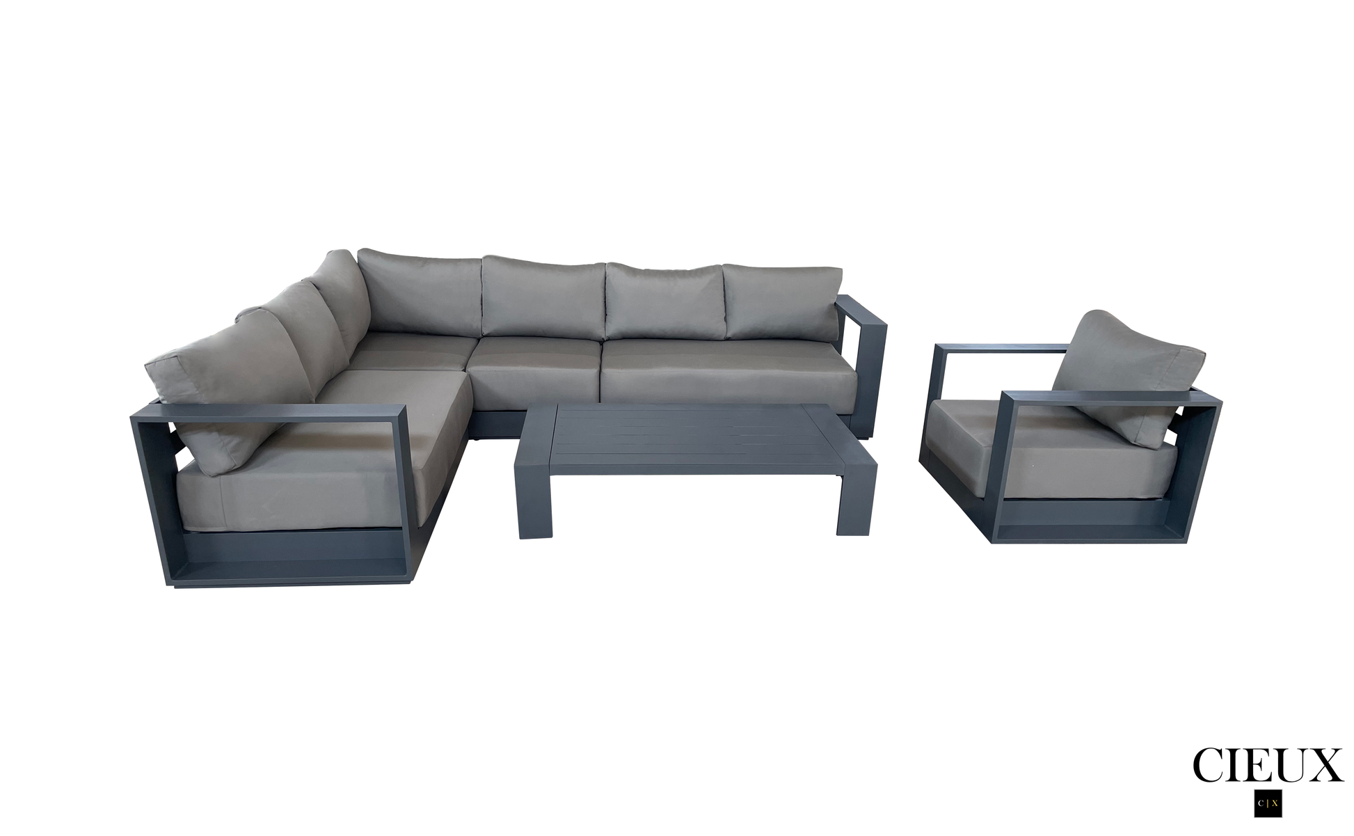 CIEUX Lyon 3 Piece Outdoor Patio Aluminum Metal L Shaped Sectional Sofa, Coffee Table and Club Chair Set in Midnight Grey with Sunbrella Cushions, image 3