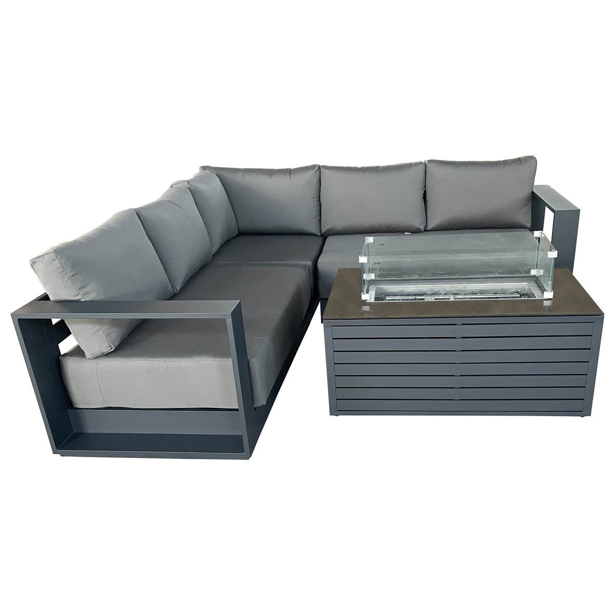 CIEUX Lyon 2 Piece Outdoor Patio Aluminum Metal Corner Sectional and Annency Fire Pit Coffee Table in Midnight Grey with Sunbrella Cushions, image 3